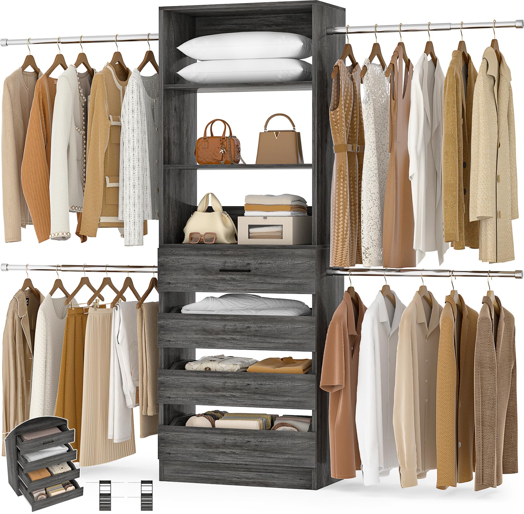 Aheaplus Closet System, 4-9Ft Organizer with 4 Wooden Drawers, Tower, Walk-in Wardrobe with 4 Hanging Rods, Black Oak