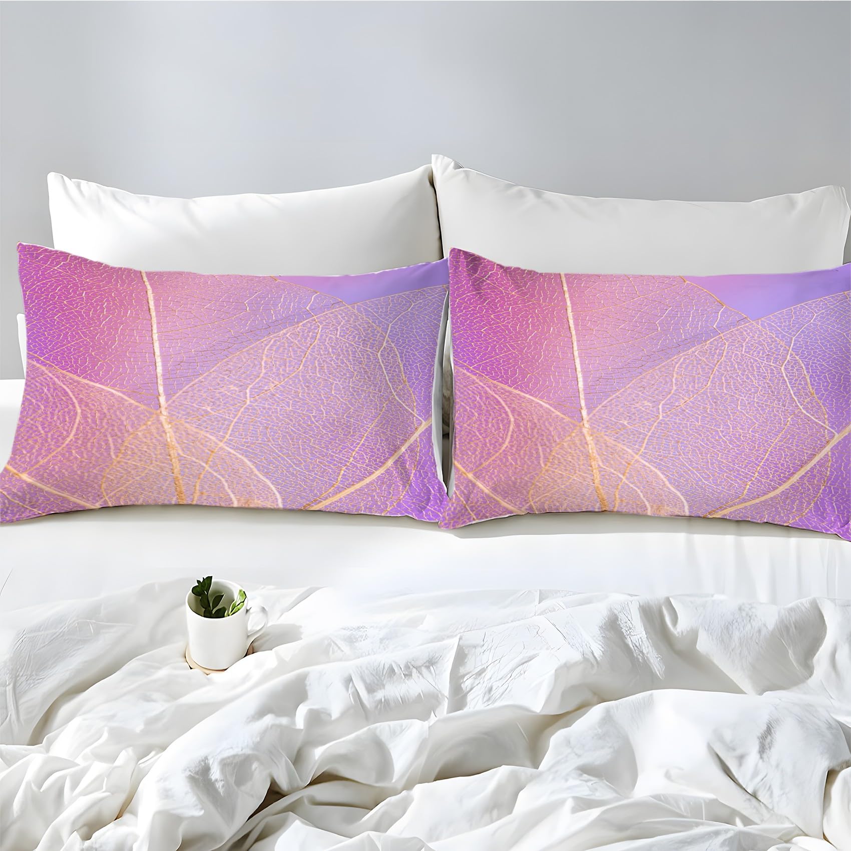 Copripiumino Matrimoniale 240x220 Foglie Viola Biancheria da Letto Morbido Microfibra Copri Piumone e 2 Federe Abbinate, con Zip, Ipoallergenico