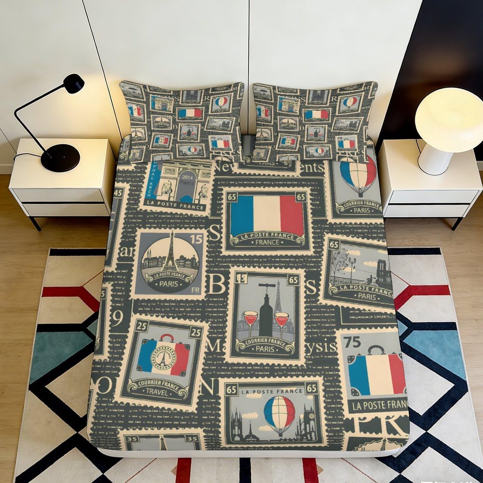 3D Printed Landmark Fitted Sheet Microfiber Deep Pocket Bedroom Bedding Paris Mattress Fitted Cover Non-Slip Full Wrap 120x200x25cm