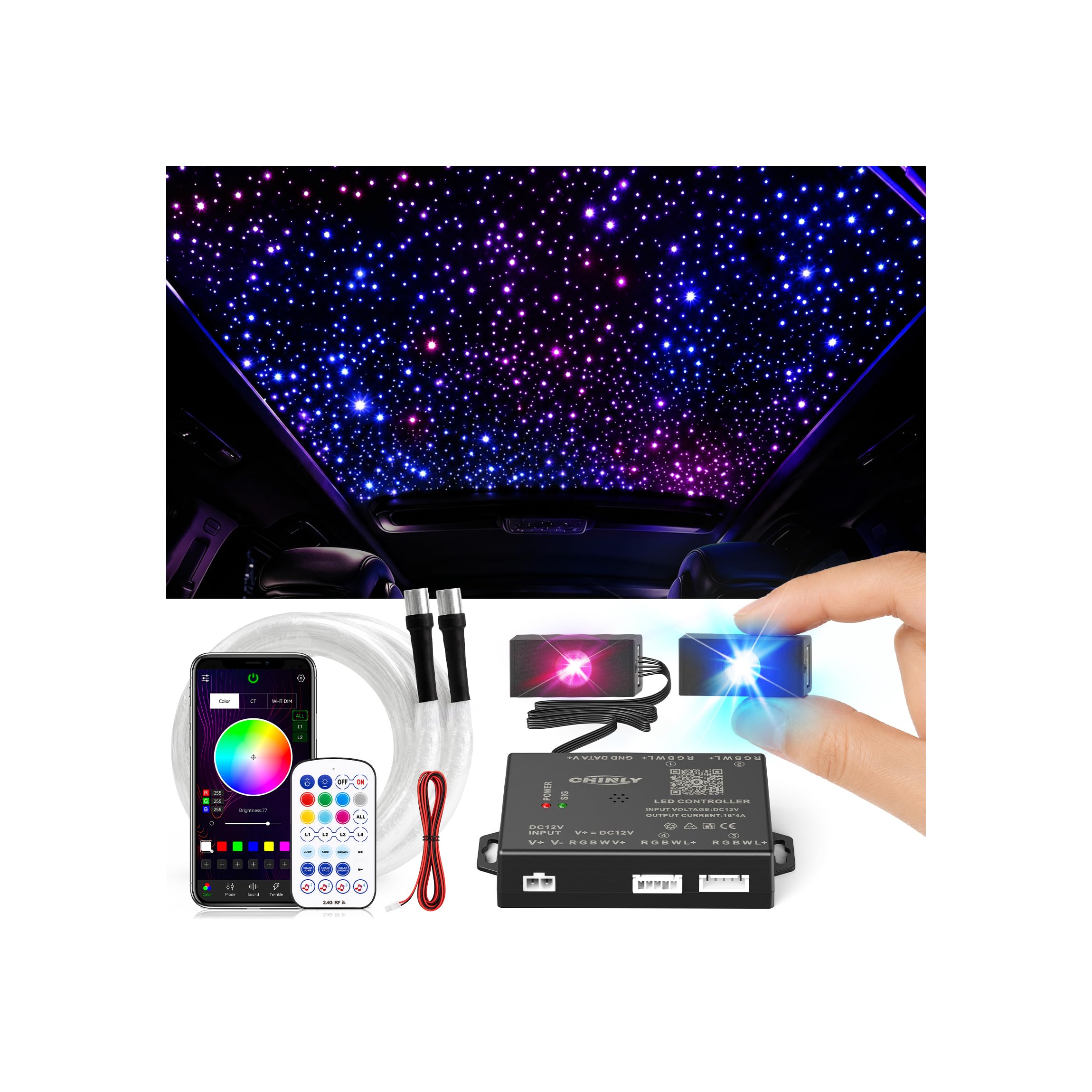 CHINLY 600Pcs Split Starlight Headliner Kit, 2 Light Heads 0.02in 4.92ft RGBW Star Lights for Car, 16W Starlight Kit APP/Remote Control, Flexible Wiring for Car Roof Ceiling