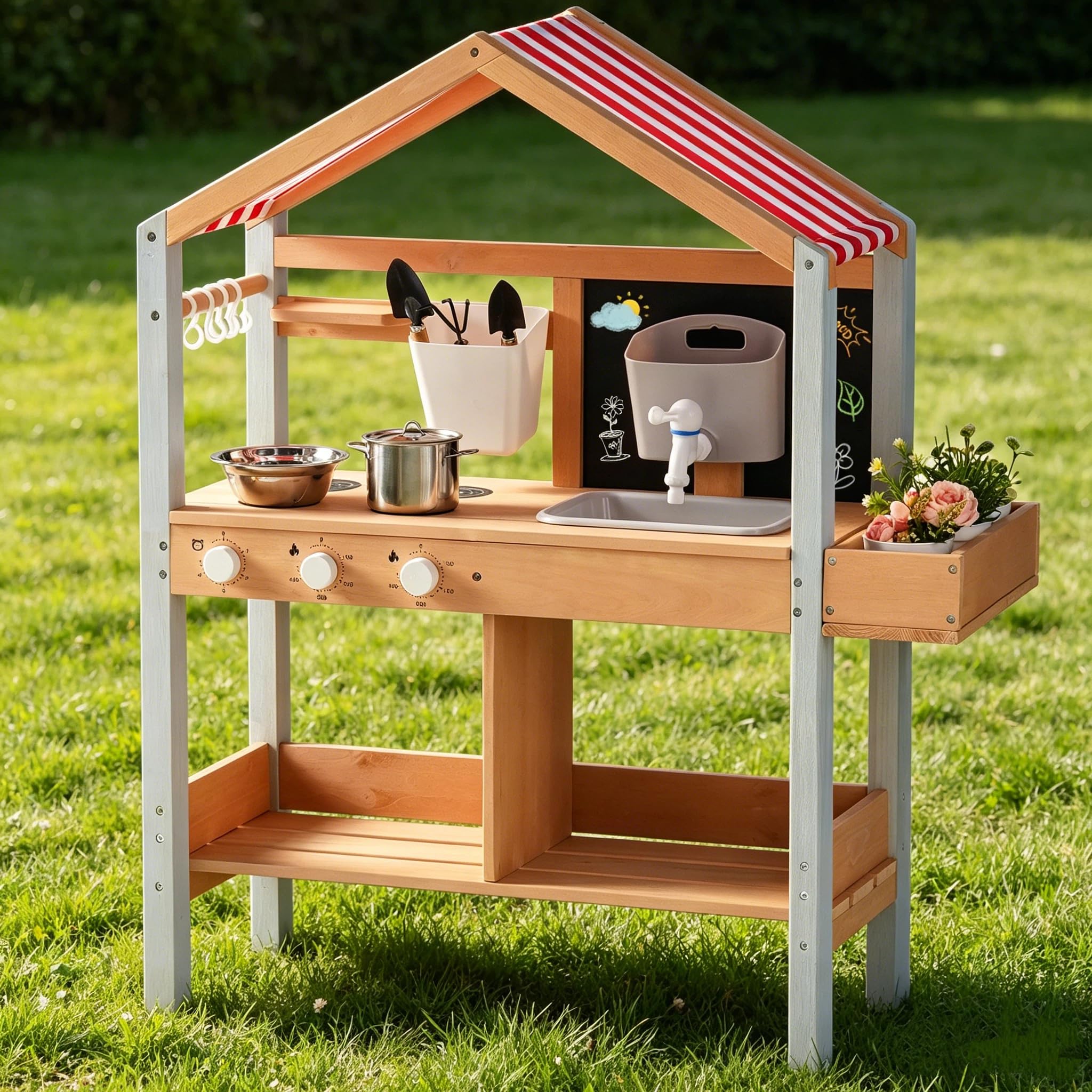 ROBUD Matschküche Outdoor Holz mit Sonnendach, Spielküche Kinder Matschküche im Freien mit Pflanzkasten, Herd, Funktionierendem Wassertank, Wasserhahn & Spüle, Tafel, Spielküche Kinder ab 3 Jahren