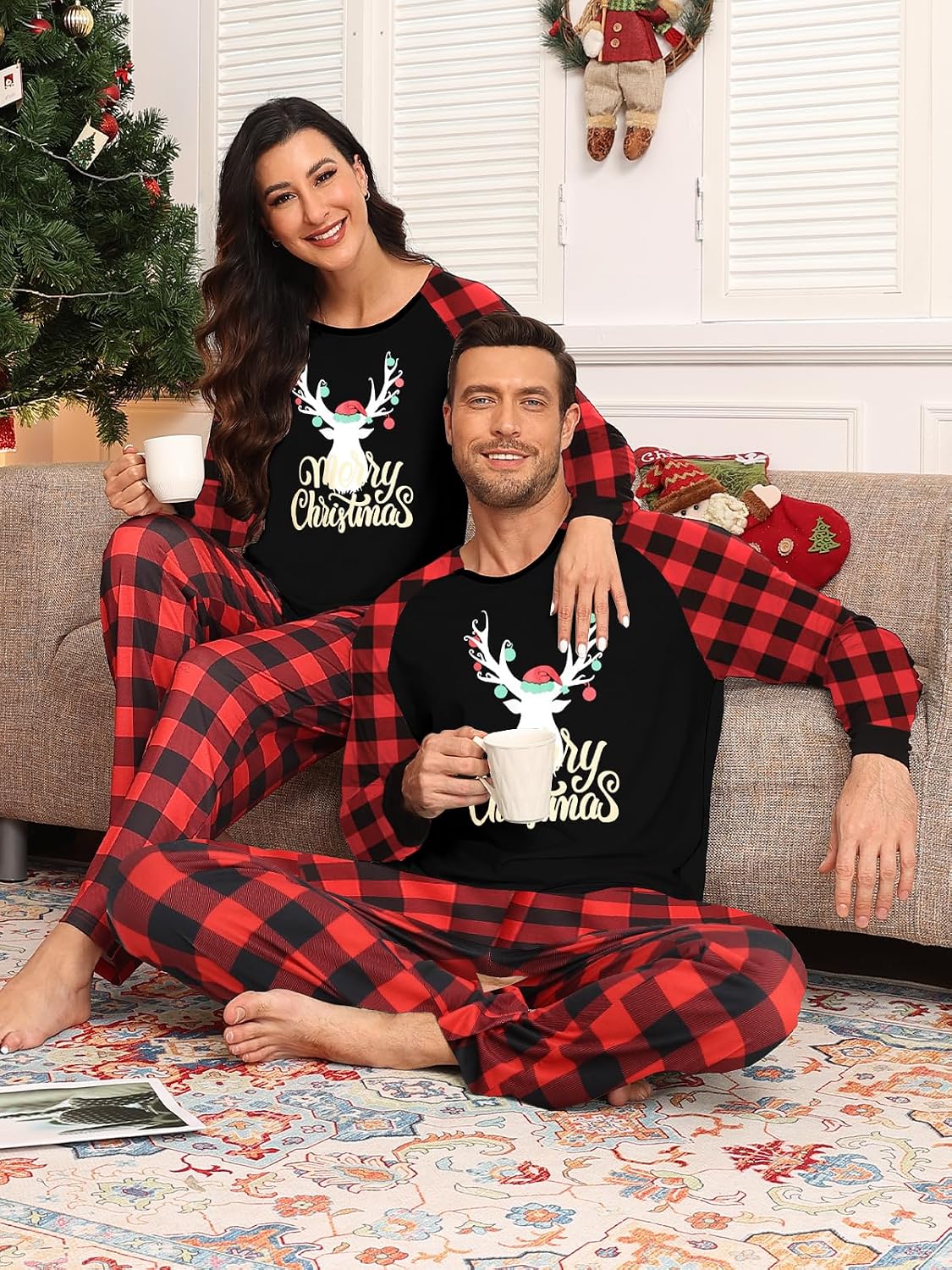 Christmas Pajamas for Couples Long Sleeve Christmas Plaid Pjs Xmas Sleepwear, Black Plaid & Red Plaid Tree-S