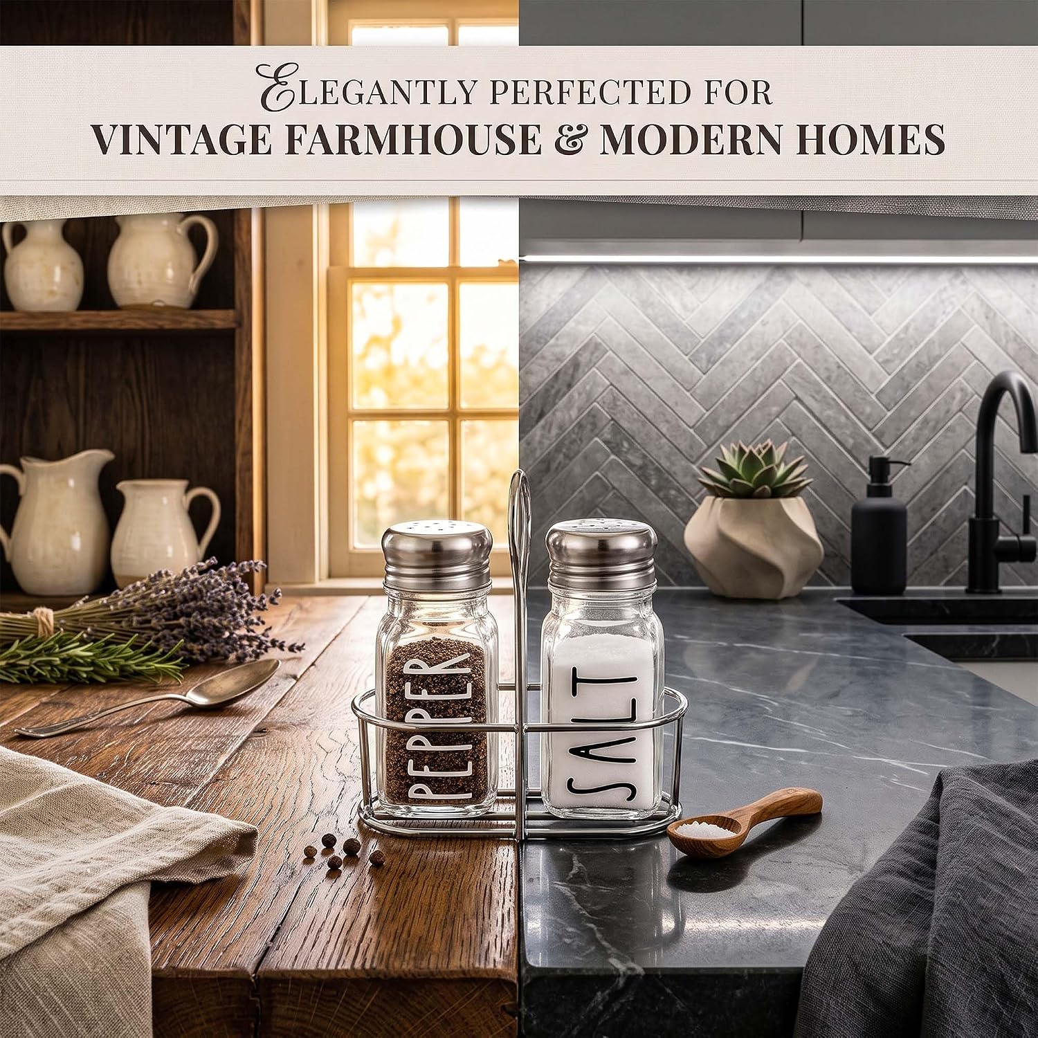 Farmhouse Salt and Pepper Shakers Set, Clear Glass Salt Pepper Shakers with Stainless Steel Lids and Holder, Kitchen Table Seasoning Shakers Set, Vintage, Rustic or Modern Kitchen Decor image 5