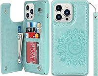 Vista 10 de iCoverCase Funda compatible con iPhone 13 Pro Max con tarjetero para mujer, bloqueo RFID en relieve de piel sintética con correa de muñeca de 6.7
