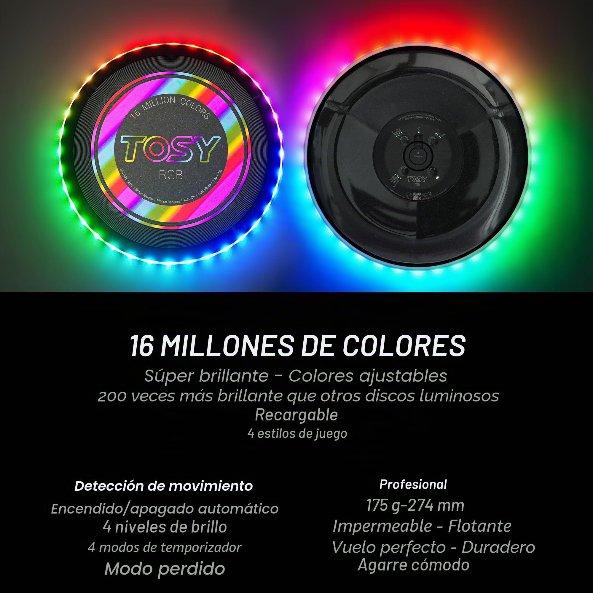 TOSY Flying Disc - 16 Millones de Colores RGB Leds, Brillante, Modos Inteligentes, iluminación automática, Recargable, Regalo de Pascua y cumpleaños para niños y Adolescentes, Frisbee de 175 g