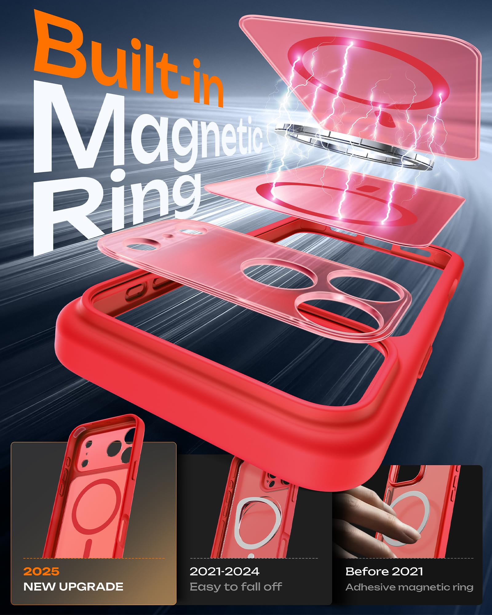 TOCOL Cover Magnetica per iPhone 17 Pro 6,3 Pollic, Compatibile con MagSafe, Anello Magnetico Incorporato, Protezione Fotocamera Integrata, Custodia Antiurto Traslucida Opaca, Rosso