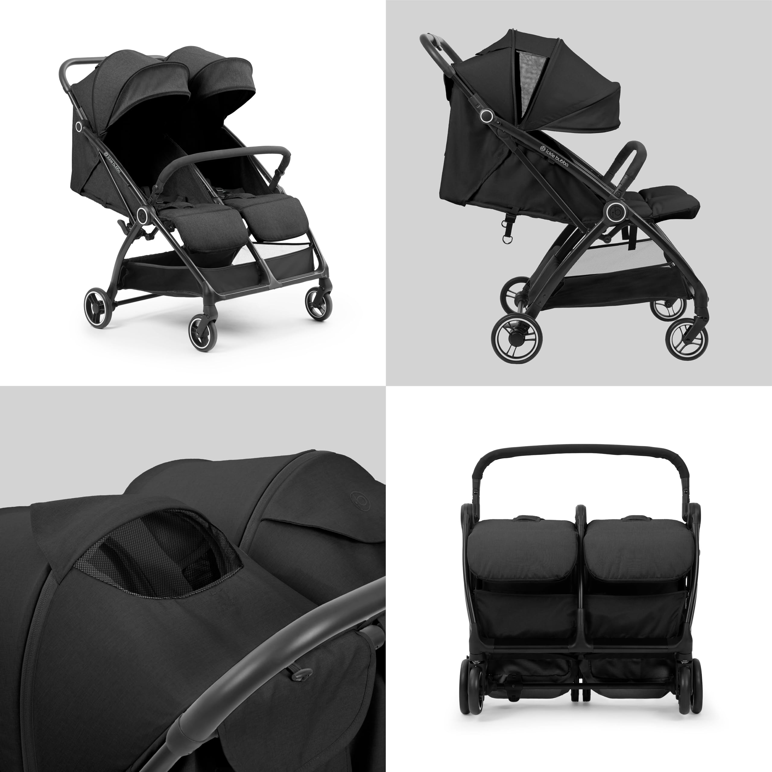 Ickle Bubba Aries Poussette double auto-pliable (gris graphite) – Poussette jumelle fine et légère de 10,5 kg, pliage automatique à une main, sièges réglables, pare-soleil ventilés, housse de pluie
