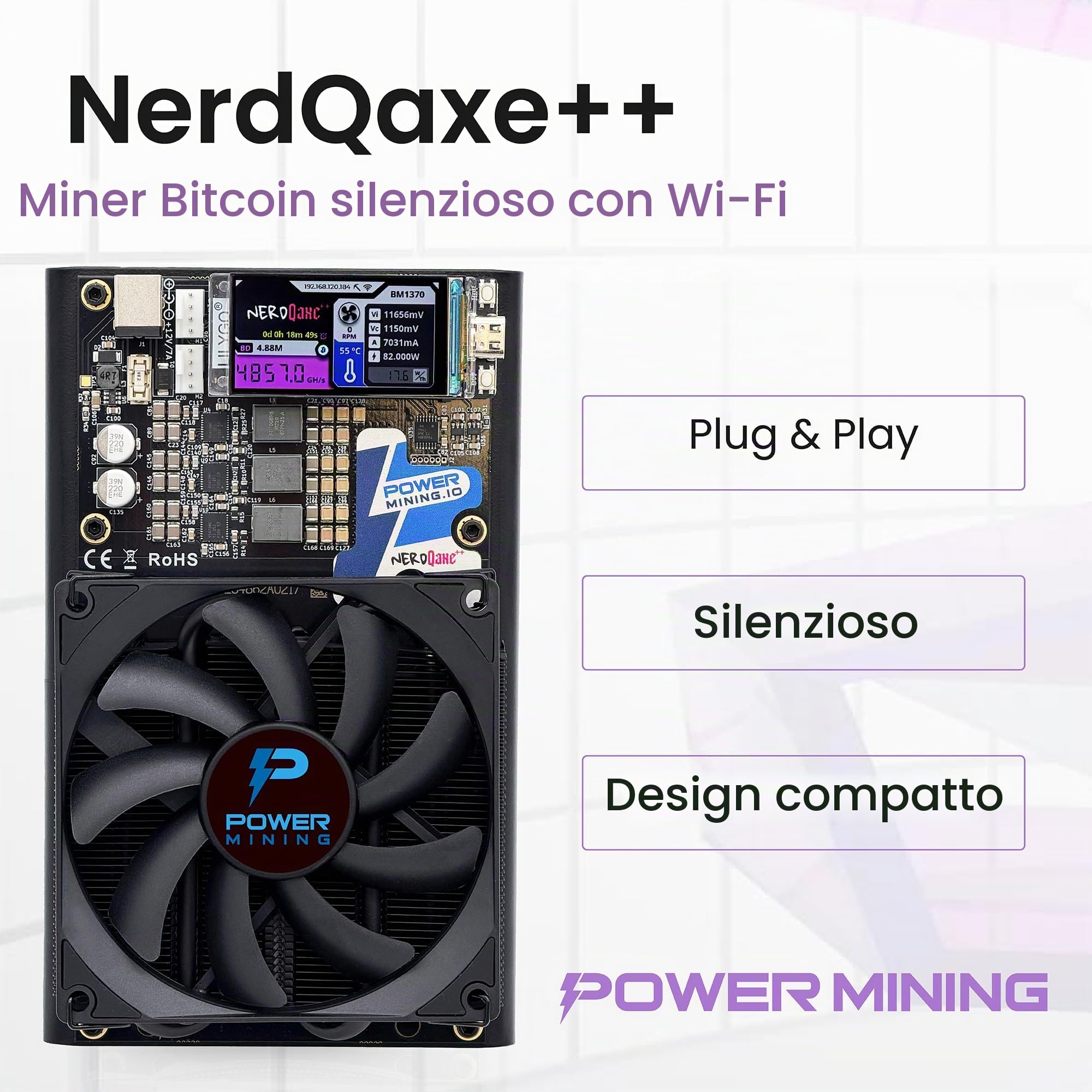 NerdQaxe++ Silent Bitcoin Miner – 6 TH/s @ 100 W | 4 chip BM1370 | raffreddamento a basso rumore | Wi-Fi 2,4 G | AxeOS Open Source | con alimentatore di rete da 12,4 V 10 A e supporto in metallo