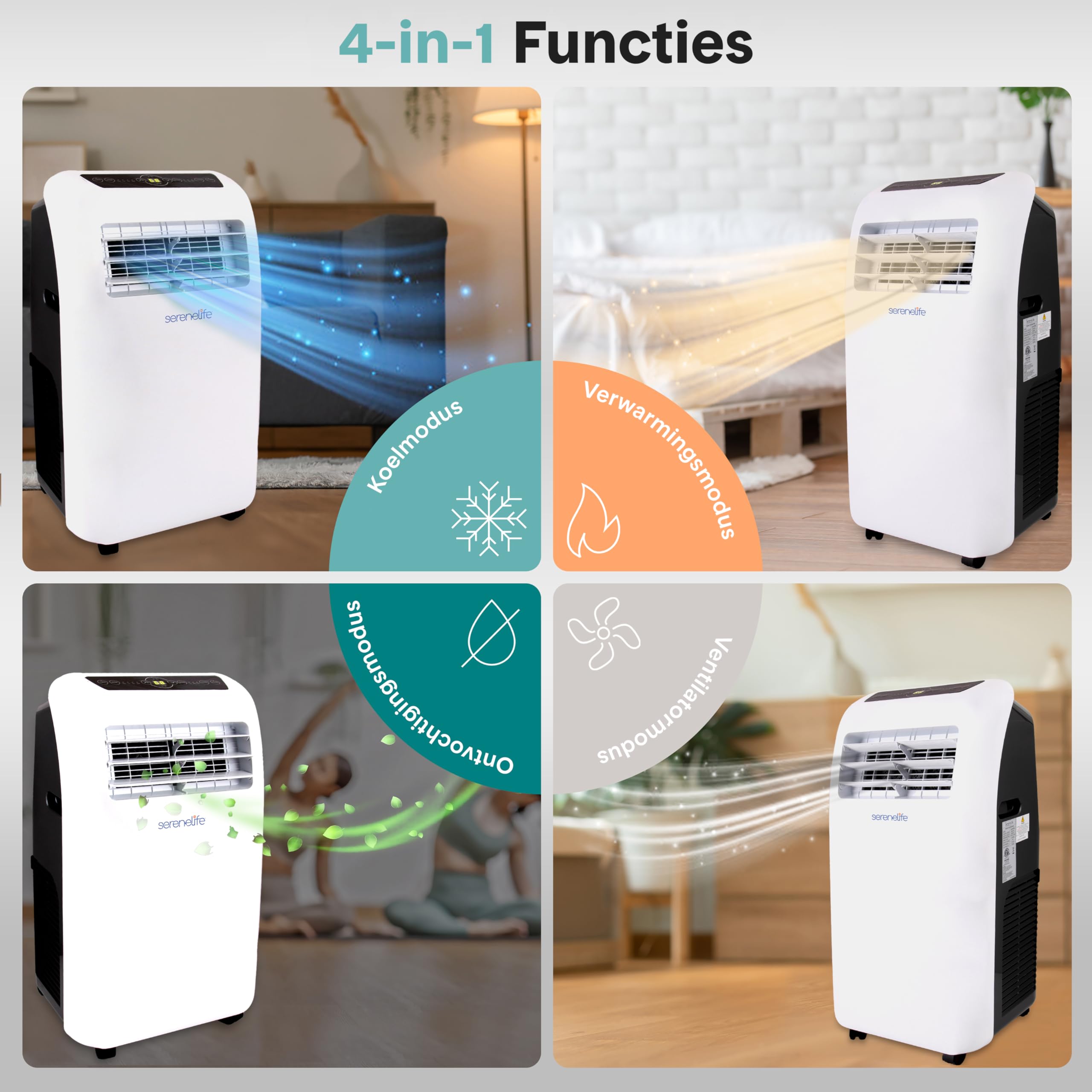 SereneLife Klimaanlage mobil 4-in-1: Luftkühler, Ventilator, Luftentfeuchter + Heizung – Tragbares Klimagerät mit Abluftschlauch, Fernbedienung & Kit für Räume bis 42 m² – Fenster-Montage 9,000 BTU
