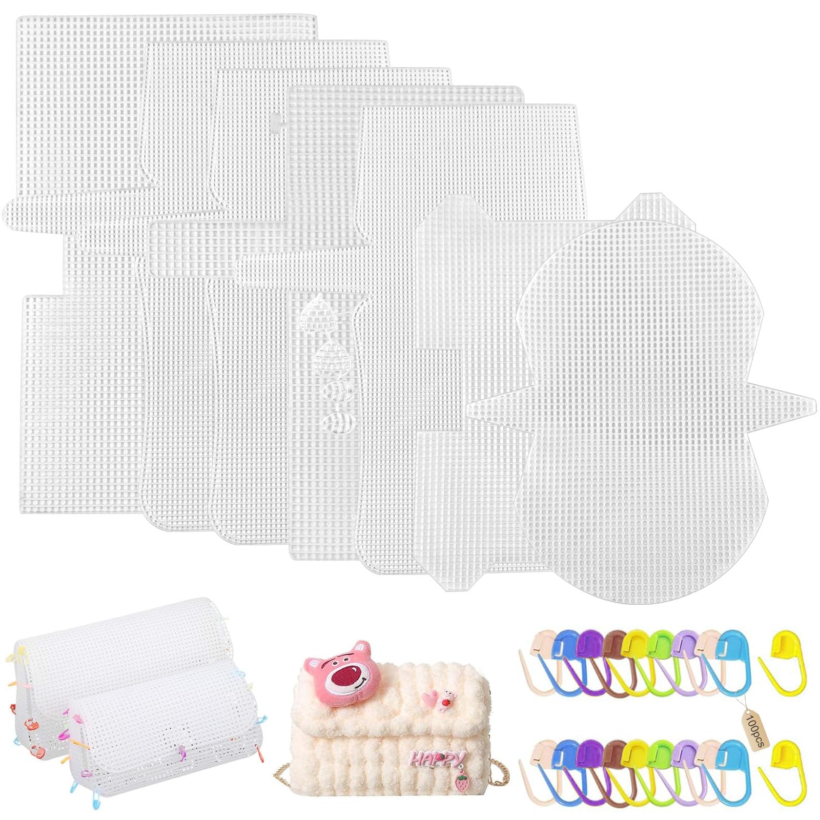 WZYTEU Feuille de Toile en Maille Plastique, 7 Styles | Broderie en Maille Plastique, Feuilles de Toile Transparentes pour Bricolage et Point de Croix, avec Épingle de Marquage