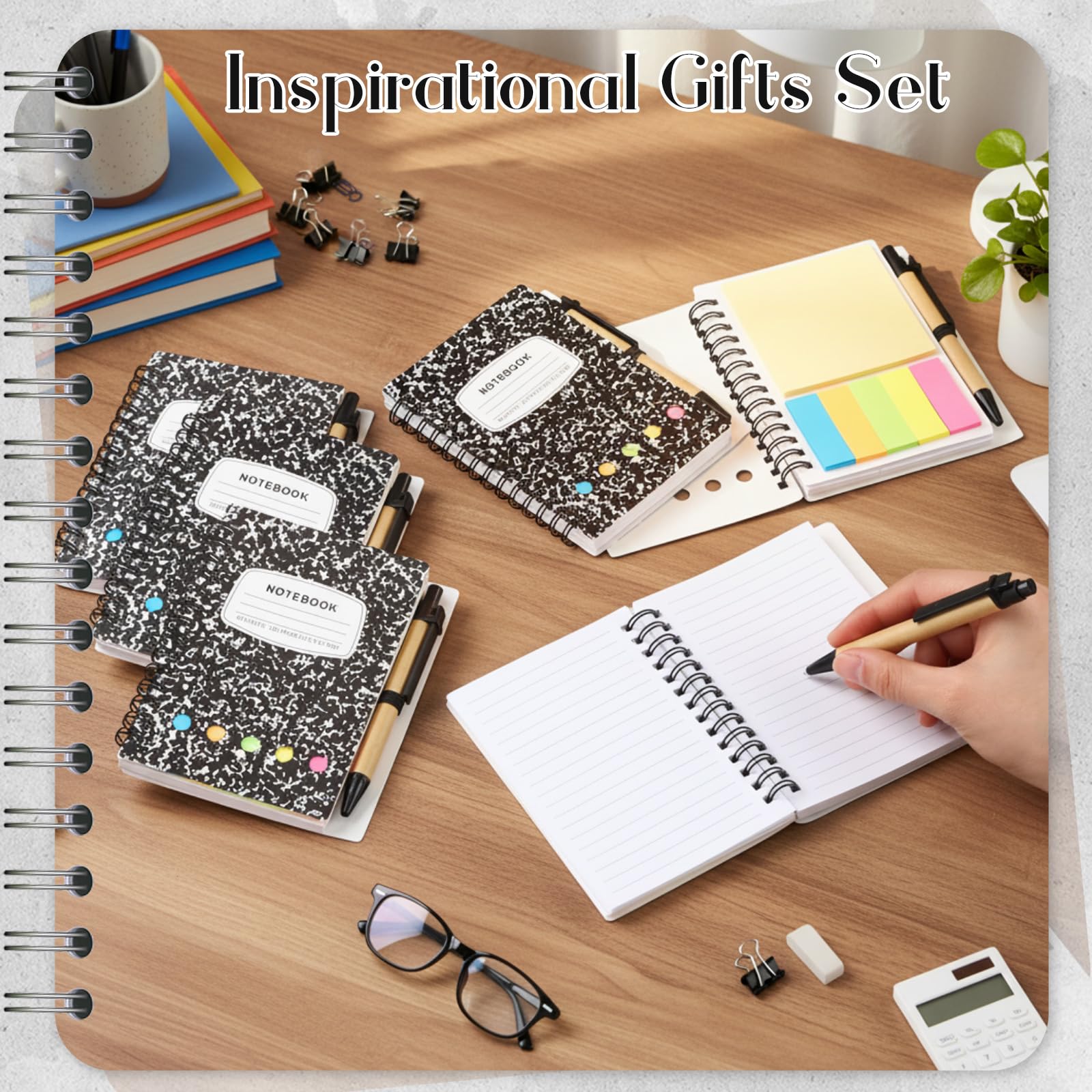 Dunzoom 24 juegos de cuadernos en espiral a granel, bloc de notas rayado con bolígrafo, notas adhesivas, pestañas de índice de colores, cuaderno de bolsillo de 5.2 x 4.1 pulgadas para suministros de