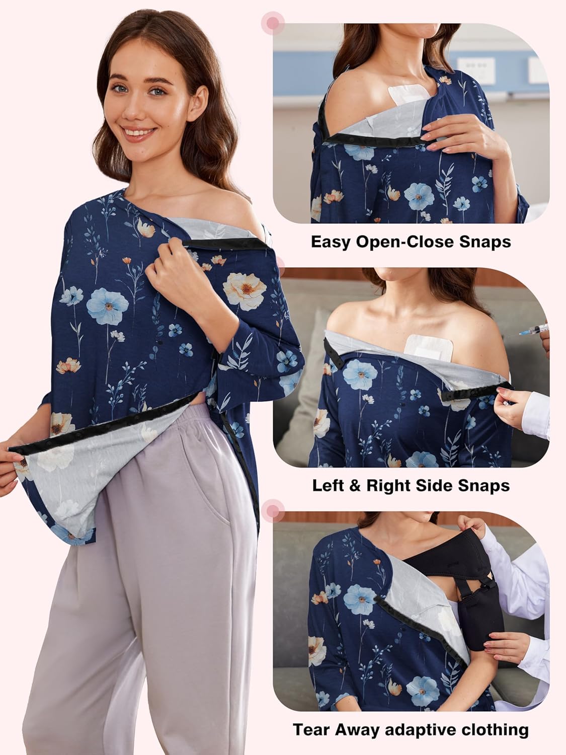 Deyeek Post Shoulder Surgery Shirts for Women Tear Away 3/4 Tops After Rotator Cuff Shirts Chemo Port Adaptive Clothing - Image 4