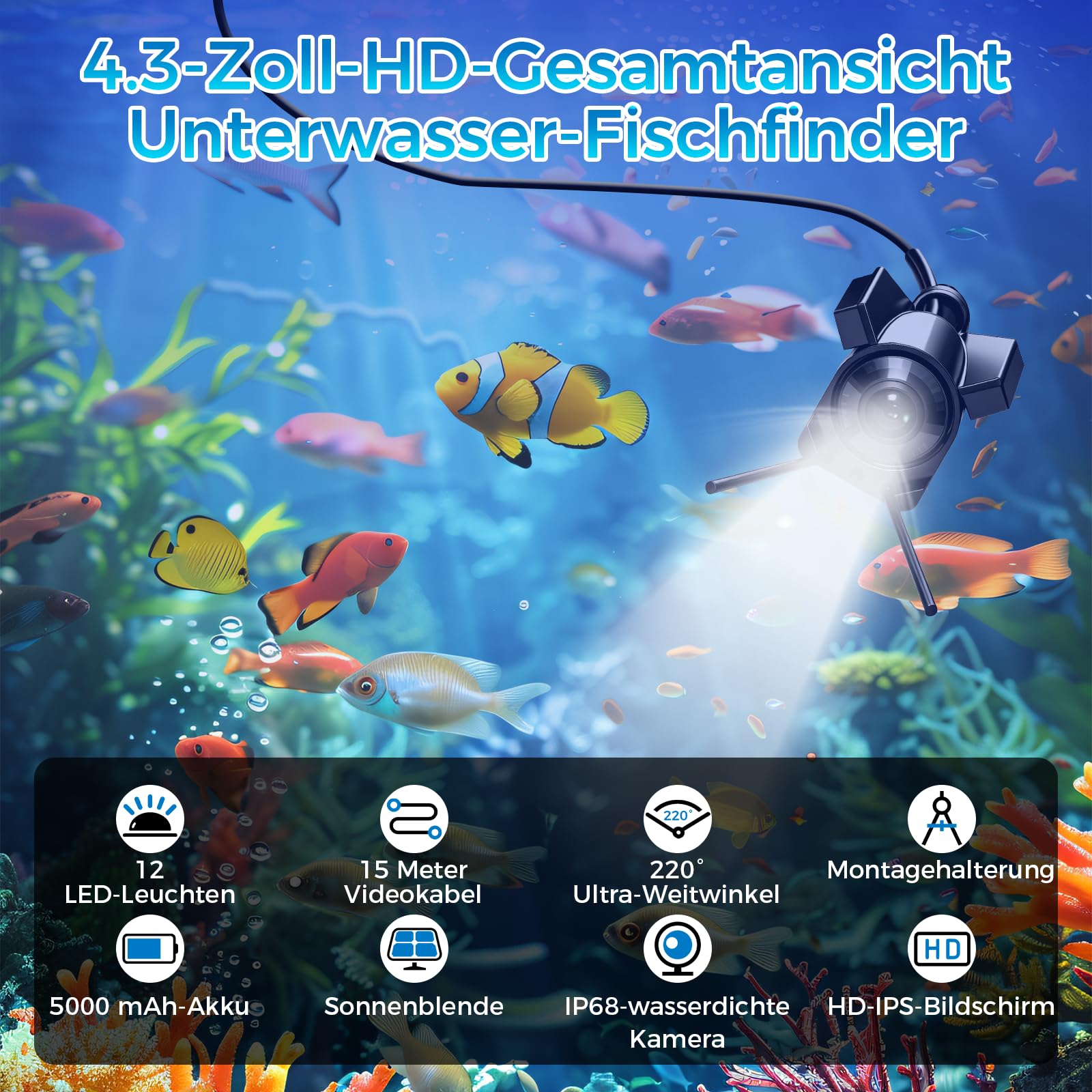 Unterwasserkamera Angeln,1080P HD Fischfinder mit 4.3-Zoll-LCD 15m Wasserdichtem IP68 Kabel 12 IR-Nachtsichtlichtern Fish Finder Kamera Meeresangeln Eisfischen Flussangeln Angeln am See