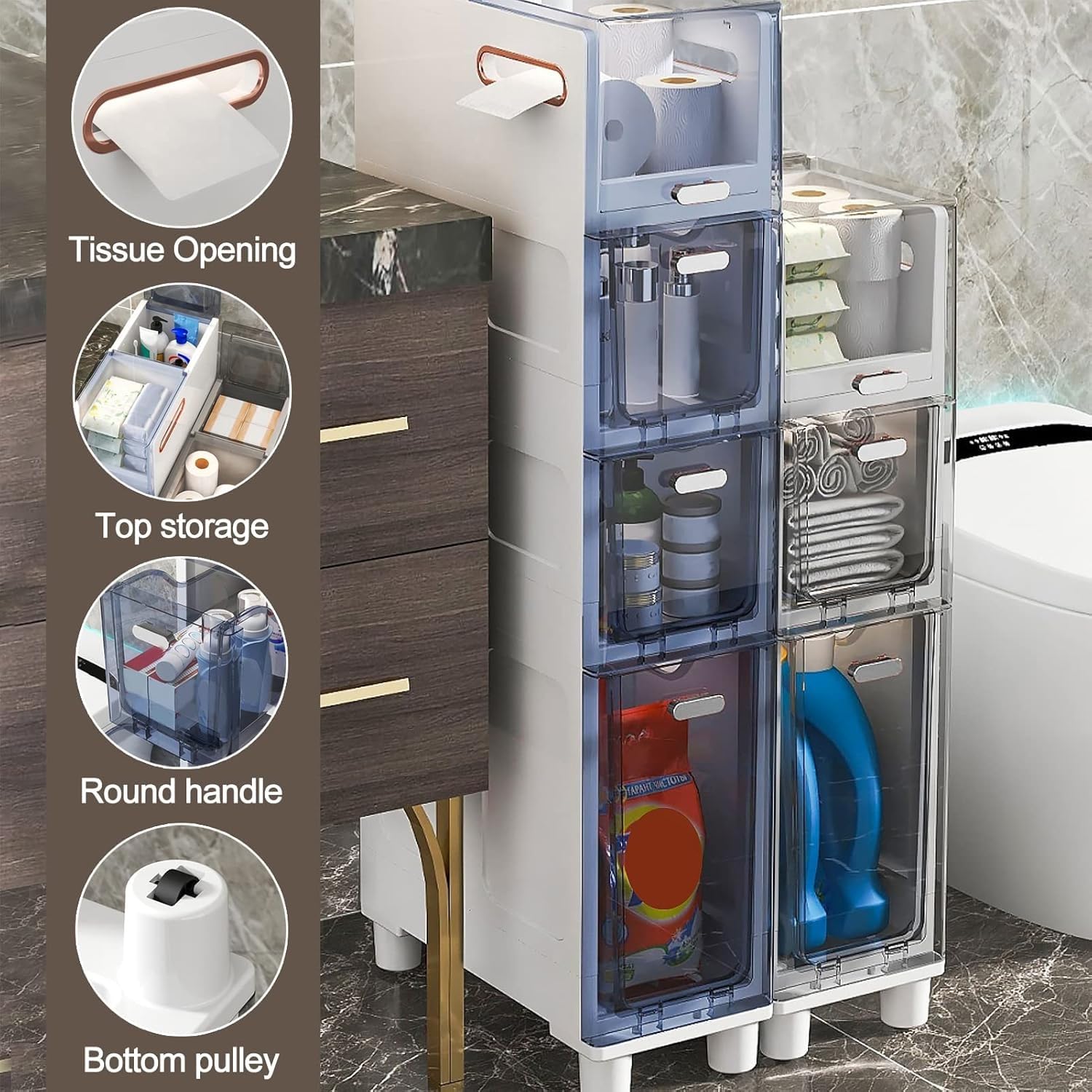 Cassettiera impilabile a 5 ripiani, sottile, con cassetti trasparenti e rotelle, robusta cassettiera stretta per bagno, camera da letto, E (blu trasparente