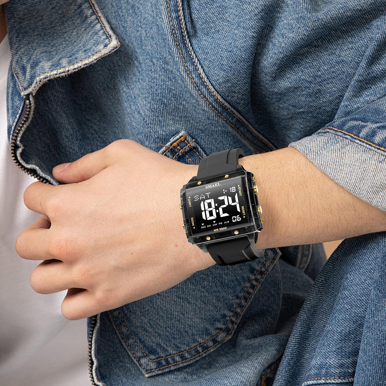 KXAITO Digital Sports Watch, Square Case 44mm, LED Night Light Display, 5ATM Waterproof, Silica Gel Band, Alarm Chronograph Stopwatch, Gift - 5