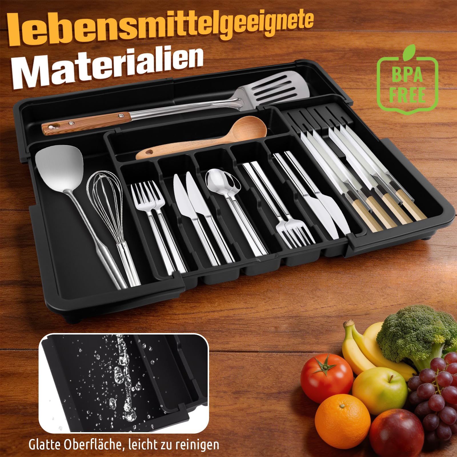 Besteckkasten für Schubladen 47 tief - Erweiterbarer Besteckschublade Einsatz mit 2 Abnehmbaren Messerblöcken, Organizer Küche Besteck in groß ausziehbar bis 56x48 cm, Küchenzubehör