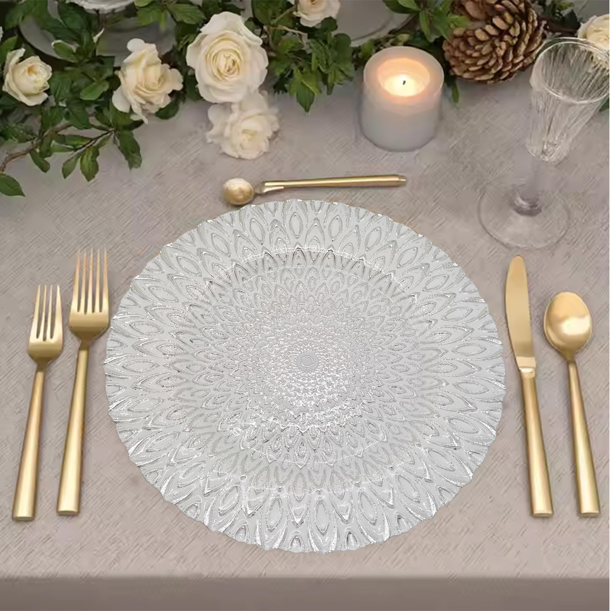 Trimming Shop Dekoracyjne talerze do ładowania na imprezy, szklane talerze do dekoracji stołu obiadowego, wesela, urodziny, imprezy, zastawy stołowej, imprezy gastronomiczne, 33 cm, srebrne, 12 szt