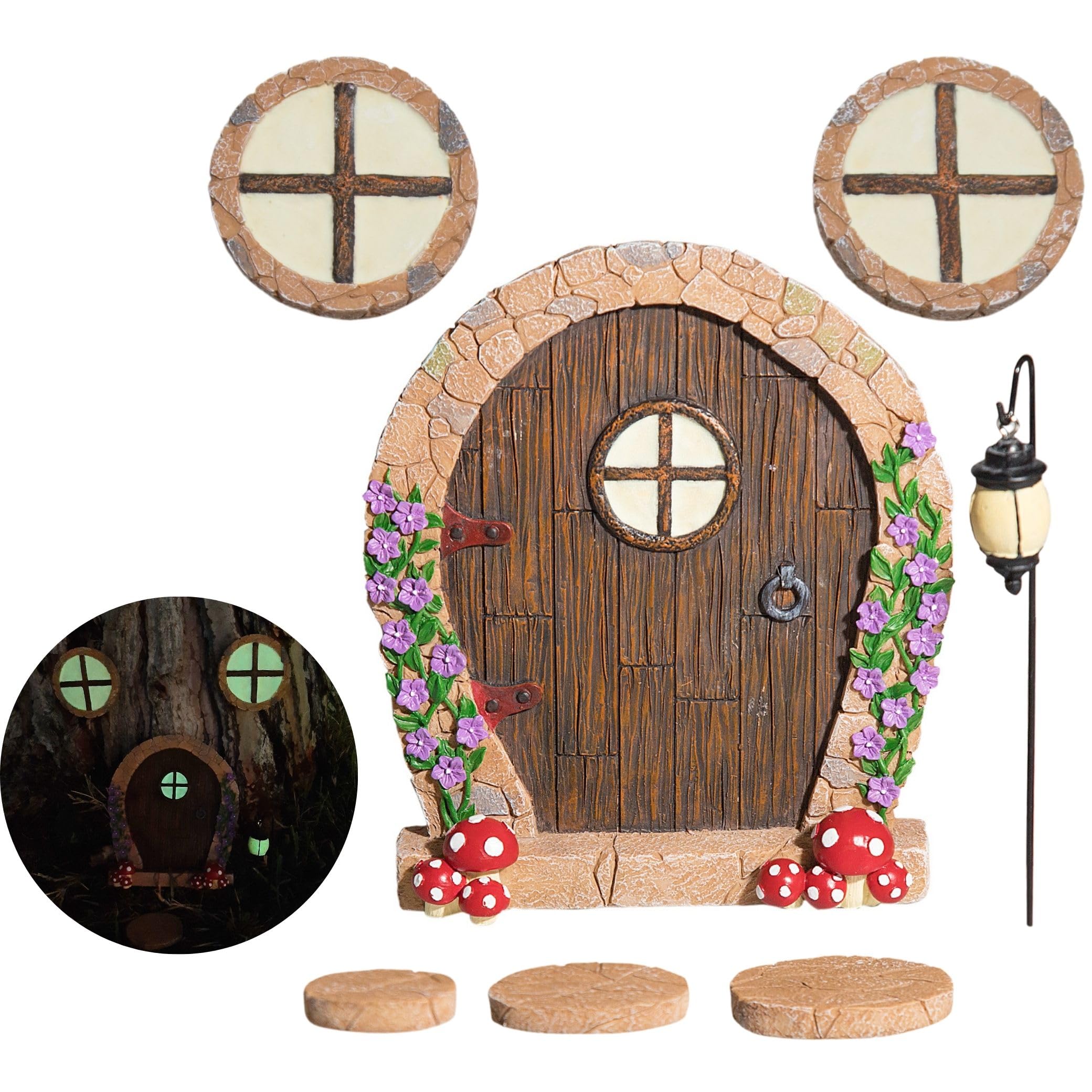 Fairy Door for Wall and Trees Outdoor with Light, Glow in The Dark, Gnome Desk Art Sculpture Decoration for Classroom, Kids Room, Miniature Fairy Garden Outside Decor Accessories