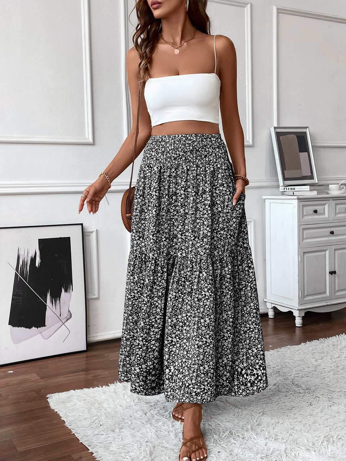 LIAMERHE Jupe Longue Femme d'été Maxi Jupe Bohème Ligne A Taille Haute Élastique Jupes Imprimé Jupe de Plage Jupe de Loisirs Décontractée Chic Taille Unique