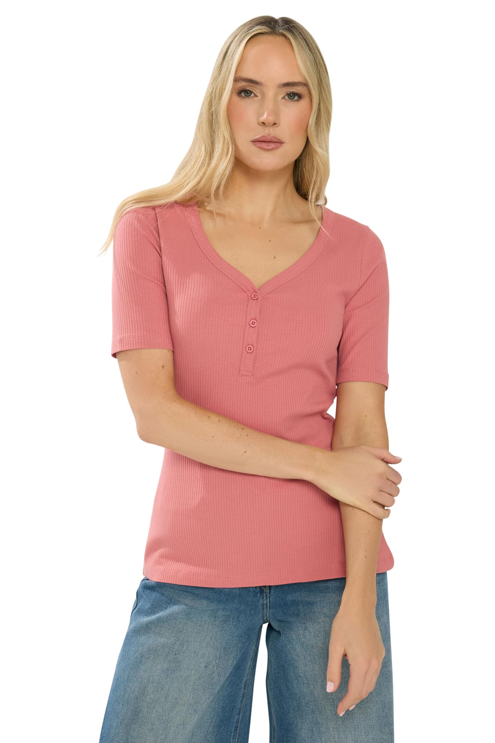 Lts Women's Pink Tall Coral Ribbed Short Sleeve Henley Top Size 8
