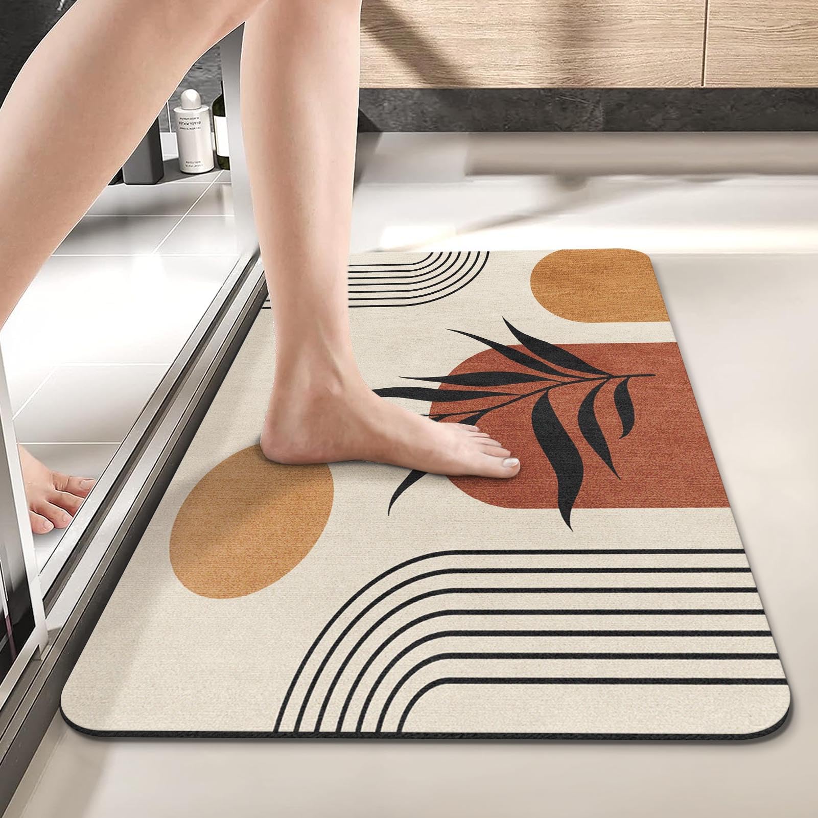 Arttown Boho Mid Century Bath Mat for Bathroom, Brown Abstract Minimalistic Arch Quick Dry and Super Absorbent Bath Mat Rugs, Non Slip Rubber Backing