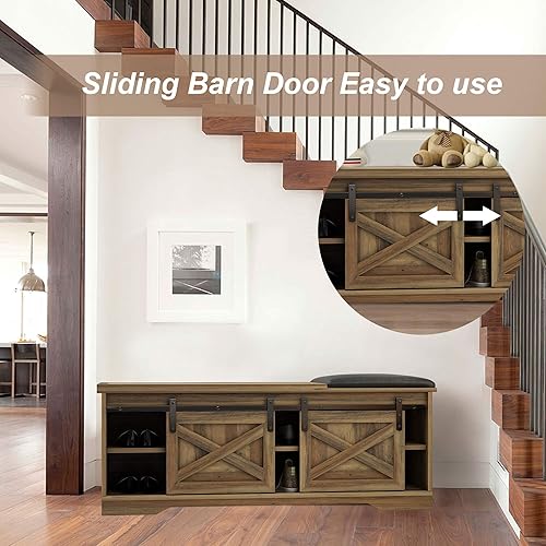 Miniatura 4 de Banco de zapatos de entrada con almacenamiento, banco de zapatos marrón con puerta corrediza de granero, bancos de granja con cojín, bancos de