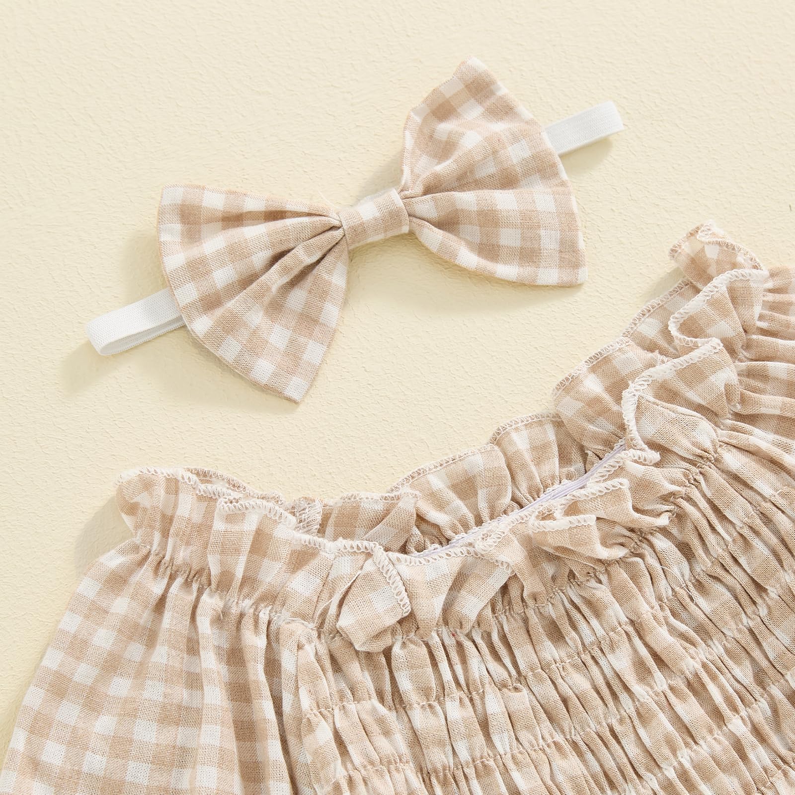Newborn Infant Baby Girl Spring Romper Clothes Long Sleeve Plaid Bodysuit with Headband Toddler Girls Top (Khaki, 0-3 Months)