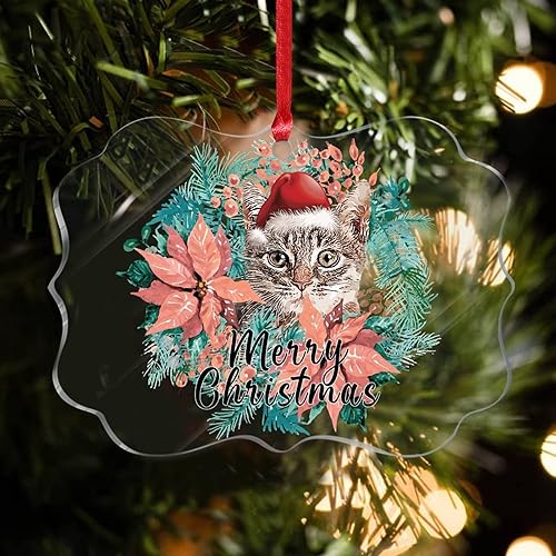 Adorno de feliz Navidad para gato calcetín para mascotas adorno de Navidad para interiores decoración del hogar colgante único de acrílico redondo