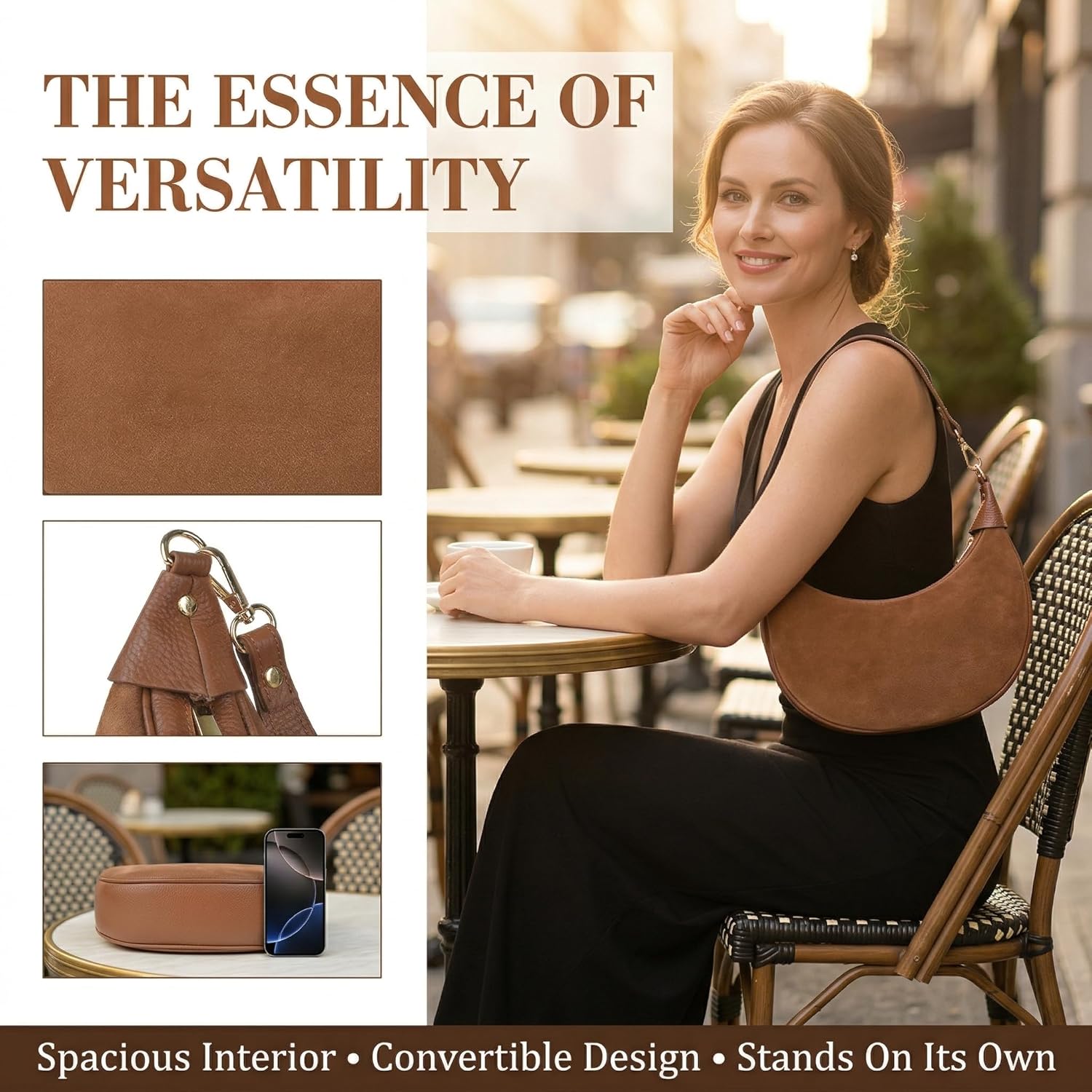 Italian Genuine Leather Crescent Hobo Bag for Women, Small Shoulder Crossbody Purse, Handbag with 2 Straps for Work Travel | 43" Adjustable Strap, Wide 3.5" Bottom, 11.5" Underarm Drop, Smooth/Suede Option, Secure Zip Closure