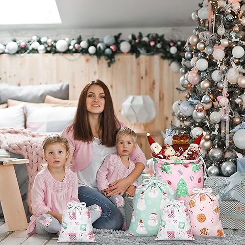 Miniatura 6 de Clysee 10 bolsas de regalo de tela rosa de Navidad con cordones, bolsas de almacenamiento para calcetines de Navidad, grandes, medianas y pequeñas,