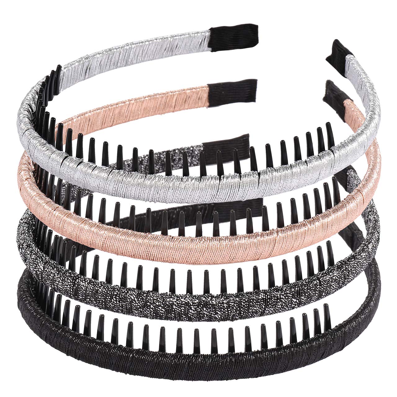 NLCAC 4 Pack Tooth Comb Headband Shiny Fabric Wrapped Hair Hoop 90s Inspired Comb Headband Hairband for Women Girls