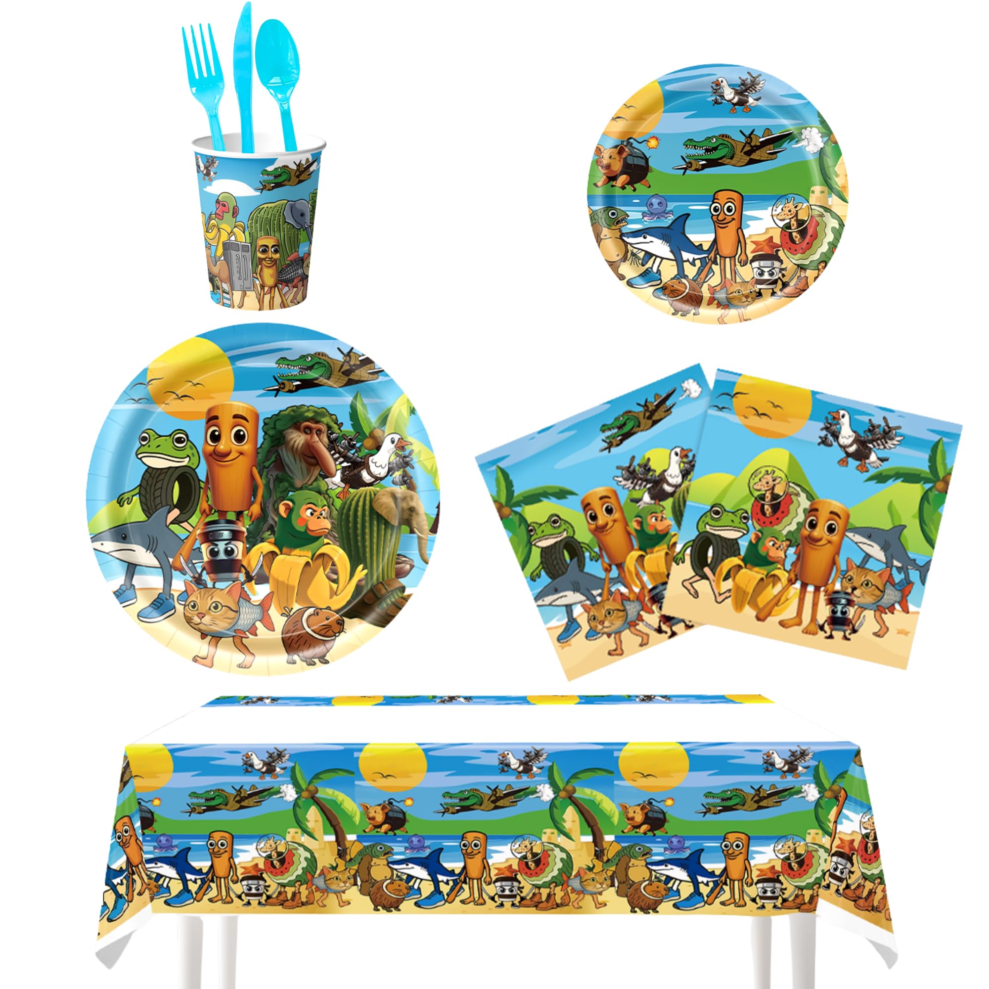 Lemoneon Italian Brainrot Birthday Decorations Supplies Tablecloth Plates Cups Napkins Forks Spoons Knives