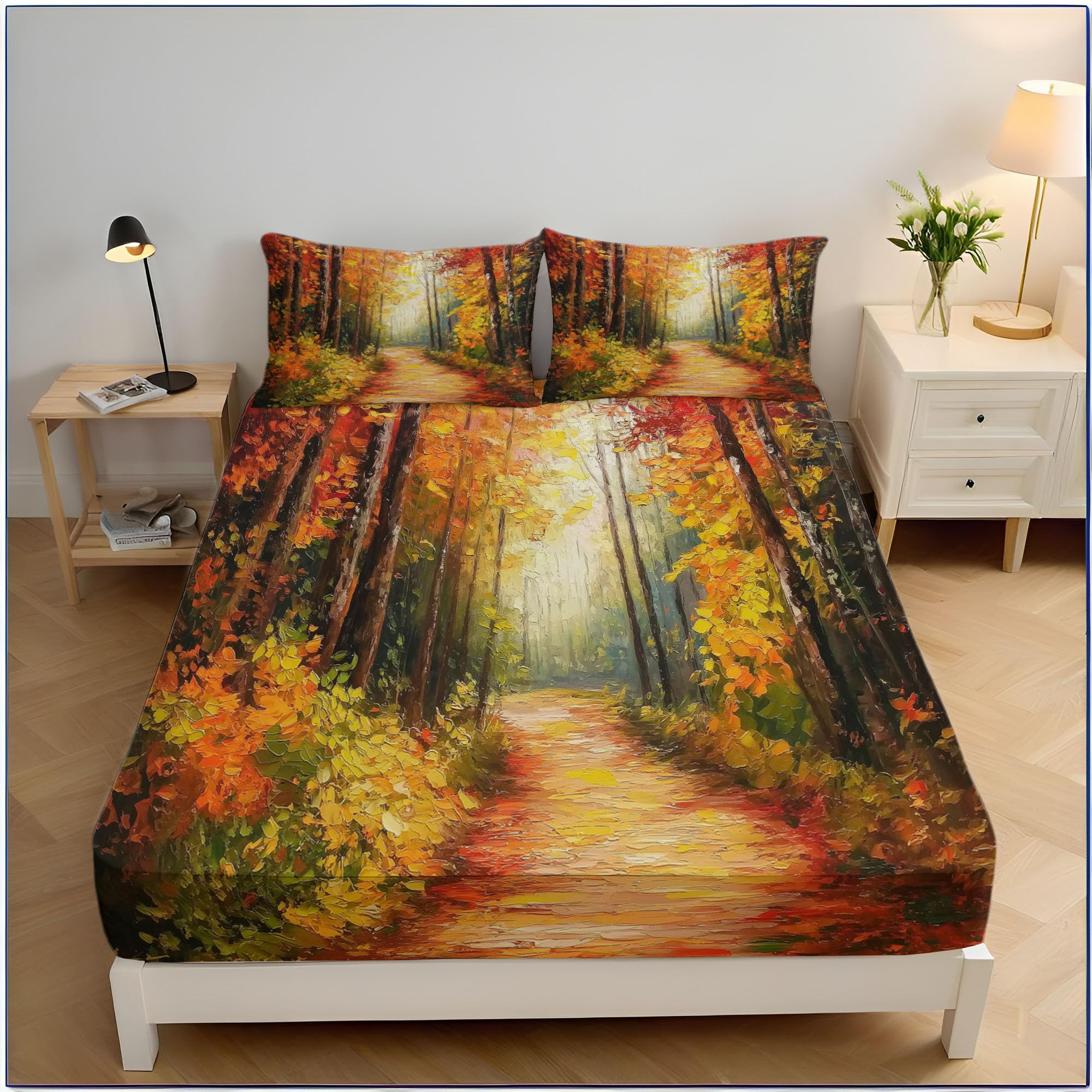 Drap housse 140x200 paysage 3D microfibre avec 2 taies d'oreiller pour grand matelas