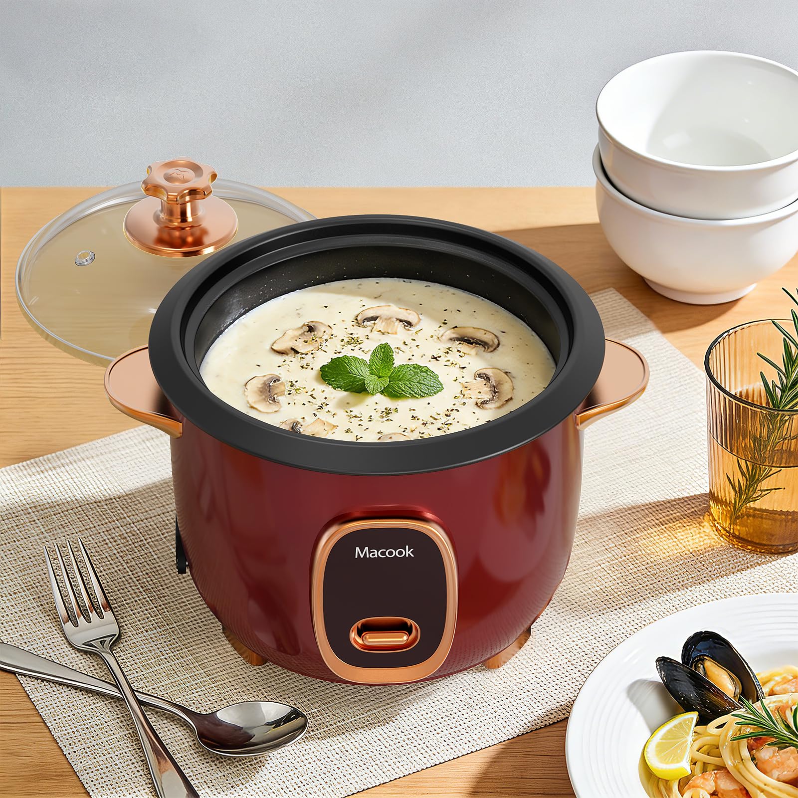 Macook Reiskocher & Dampfgarer mit Antihaft-Innentopf - 1L, Burgunderrot - Für 1-5 Personen - Schnelle Zubereitung ohne Anbrennen - Mit Warmhaltefunktion inkl. Dämpfeinsatz, Löffel & Messbecher