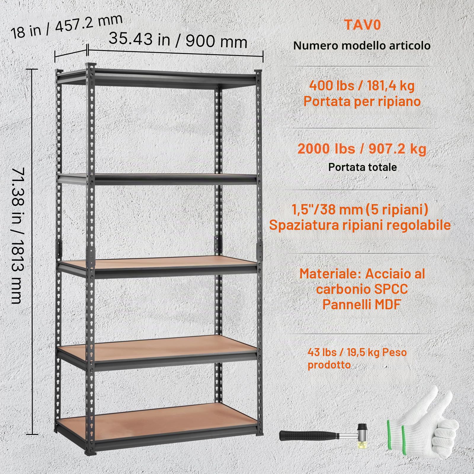 VEVOR Scaffale per Carico Pesante da Garage Officina Cantina 5 Ripiani in Metallo Carico Totale Massima 907,2kg, Scaffale in Metallo Altezza Ripiano Regolabile 90x45x182,88 cm, Scaffale per Magazzino