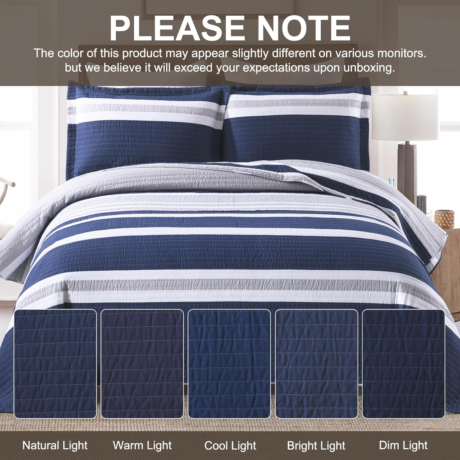 SahSahCasa Quilt Queen Size, 100% Cotton Queen Quilt Set, Navy Blue Striped Quilts, Queen Quilted Bedding Set Bedspreads, Lightweight Comforter for Queen Bed, All Season, Navy Blue, 3 Pieces - Image 7