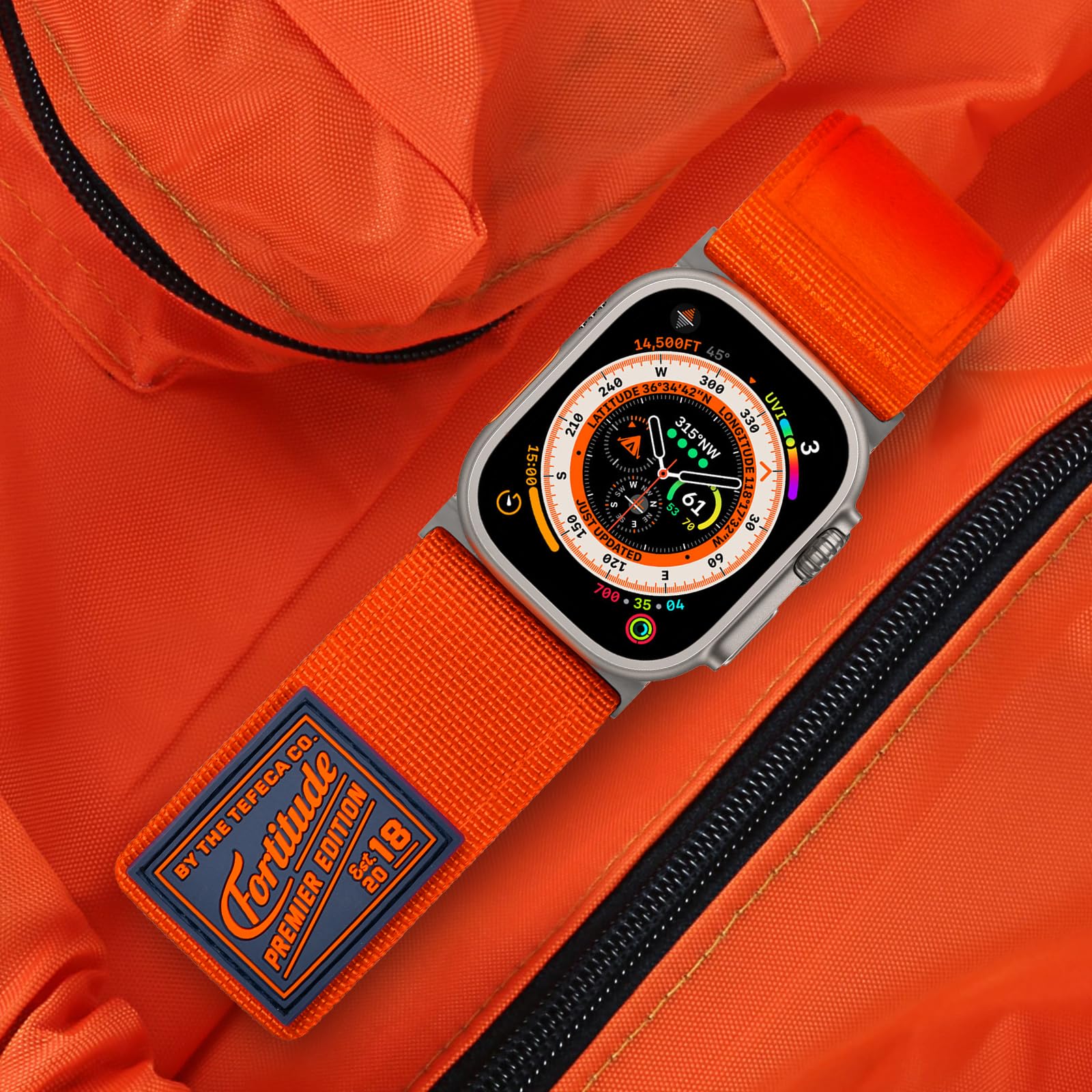Tefeca Fortitude Series Ultrawide Band Compatible with Apple Watch Ultra/Ultra2 Series 9/8/SE2/7/6/SE/5/4/3/2/1(Orange with Silver Adapters - Image 4