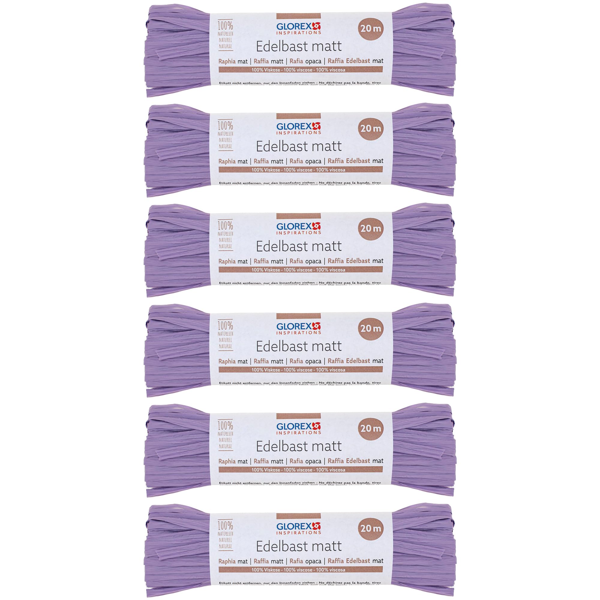 GLOREX 6 9400 506K Raffia Edelbast, 6 Bundles Each 20 m Matte Raffia, Lavender - for Crafts, Decoration or for Arrangements, Bouquets and Other Floristic Works