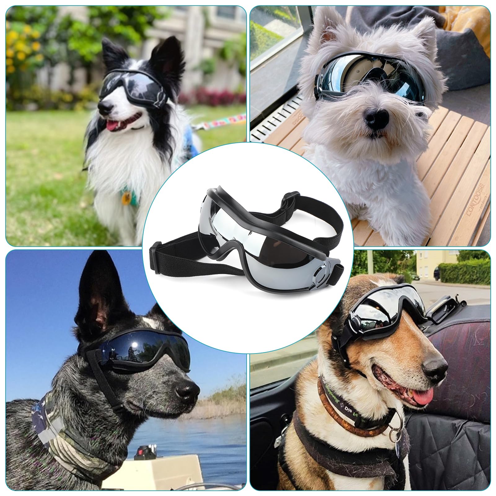 Lunettes de Protection pour Chien, Lunette Protection des Yeux pour Chiens, Lunettes de Soleil Réglables pour Chiens, avec Anti UV, Coupe Vent et Anti Poussière, pour Petits