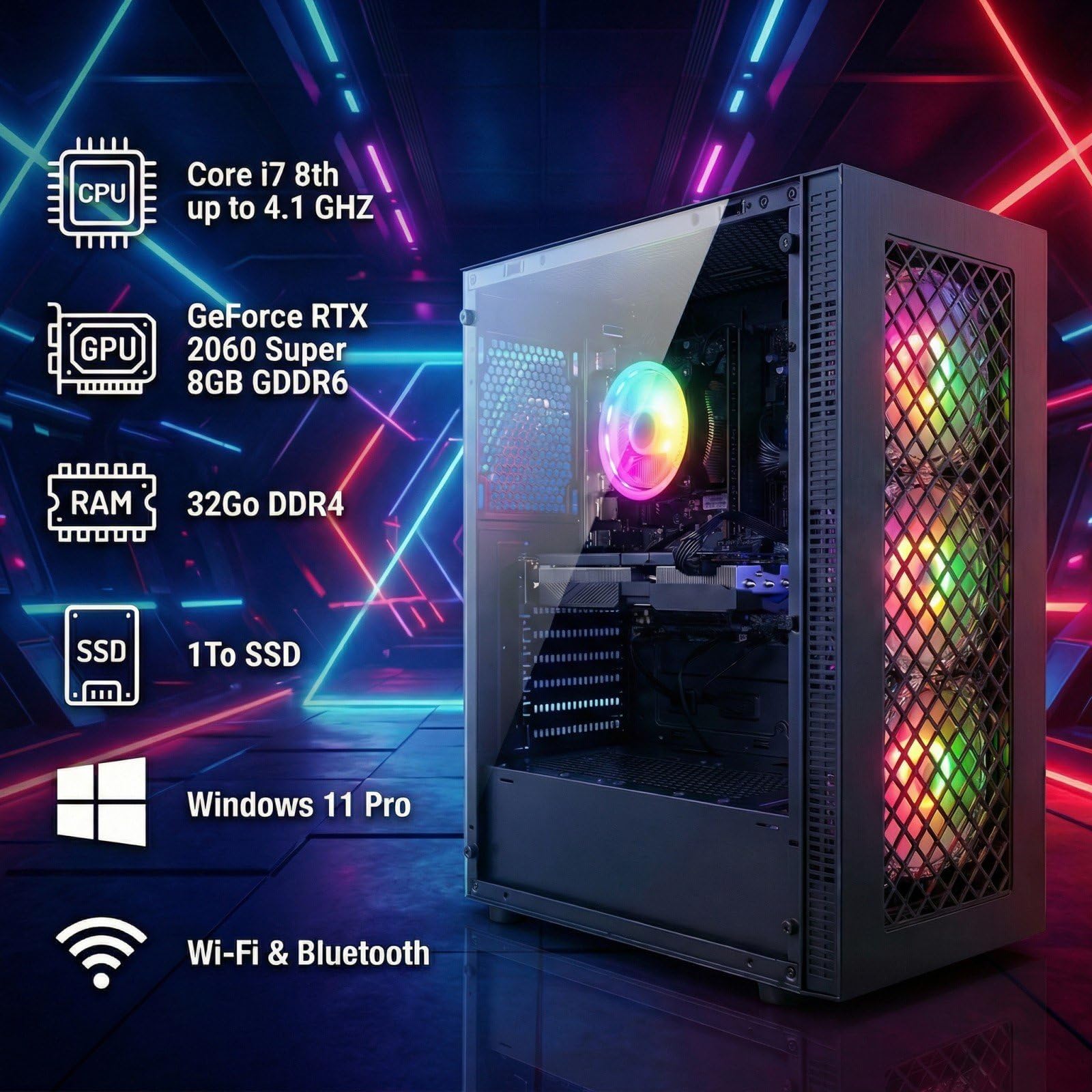 STGsivir PC Gamer Fixe, Core i7 Gen8, RTX 2060 Super 8G, 32G DDR4,1T SSD