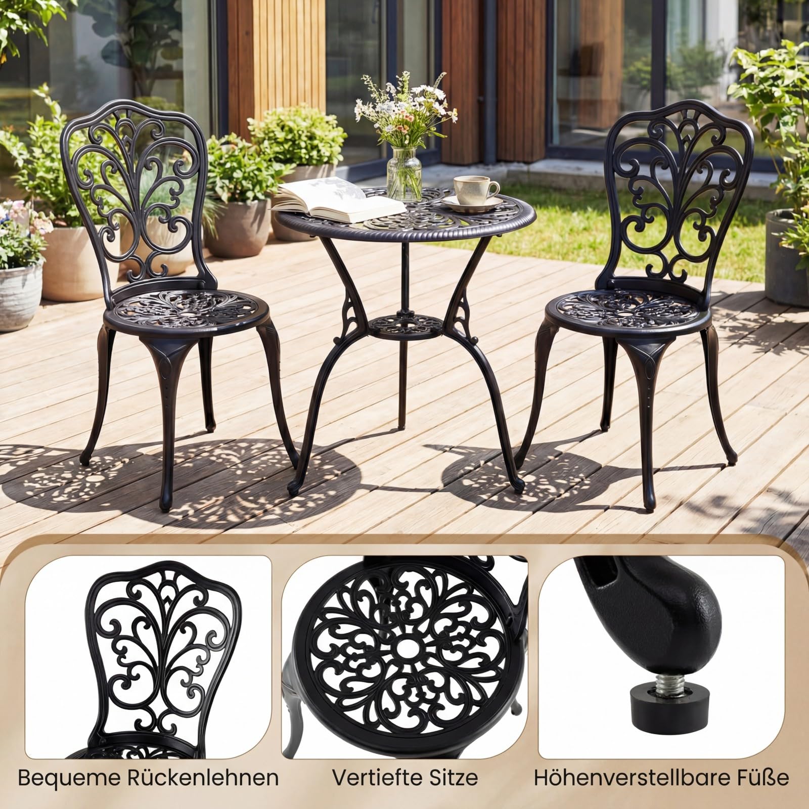 COSTWAY Bistroset 3-teilig, Bistrotisch mit 2 Stühle & Schirmloch, Gartenmöbel Set, Balkonmöbel aus Aluminiumguss, Balkonset, Gartengarnitur, Sitzgruppe für Garten, Terrasse, Balkon, Schwarz