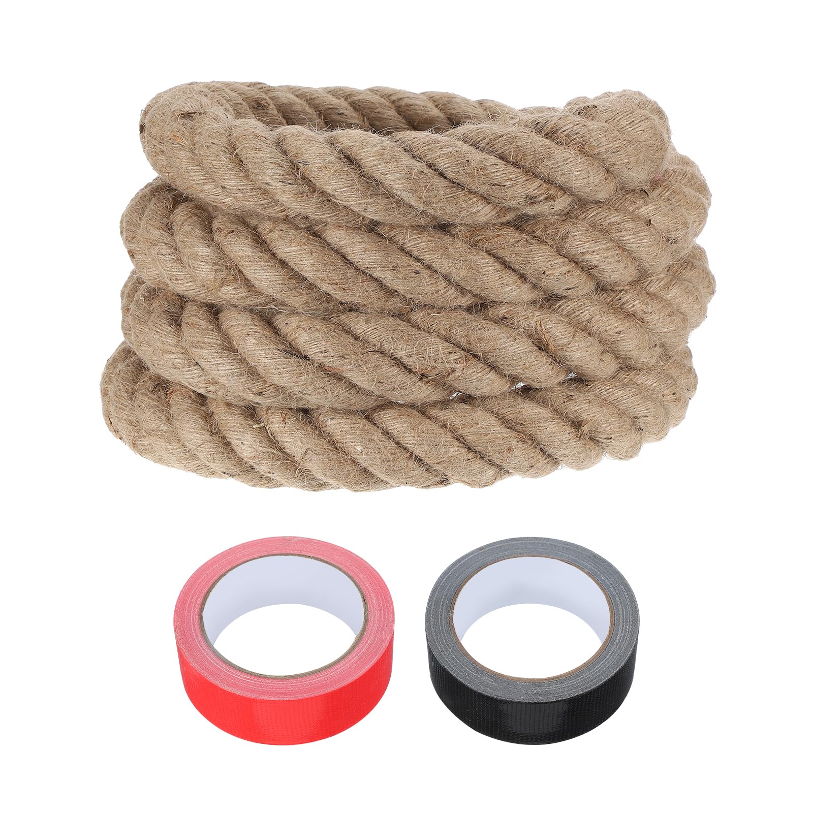 sourcing map Jute Rope 2 Inch x 10ft, Heavy Natural Thick Twisted Rope with 2 Roll Tapes for Crafts Railing Docks Tug of War Swing Nautical Landscaping