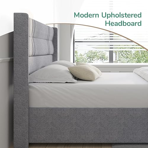 Miniatura 4 de Novilla Cama de almacenamiento elevada tamaño Queen, marco de cama tapizado con almacenamiento, no necesita somier, soporte de listones de madera,