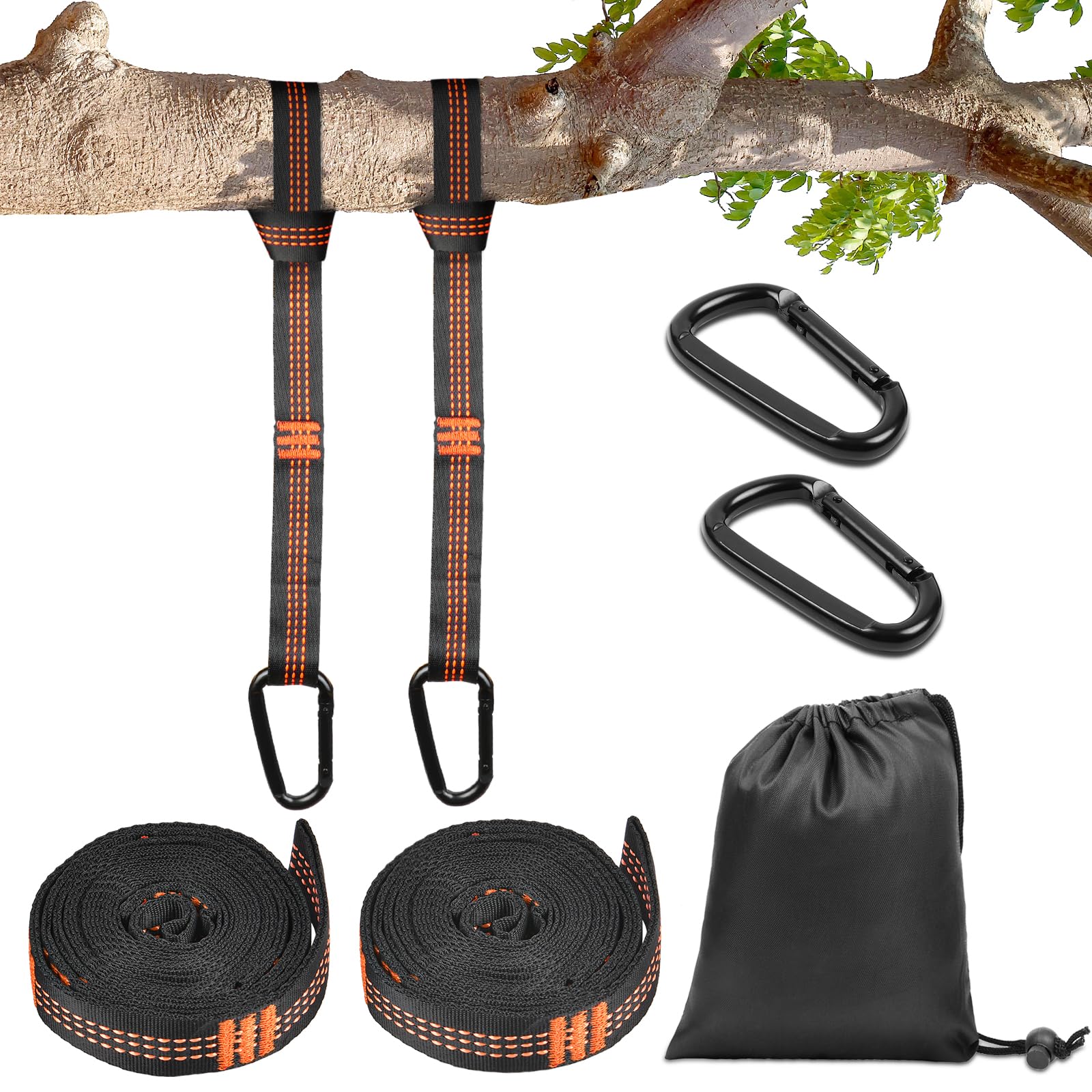 Vicloon 2 Pezzi Cinghie per Amaca 300 cm con Moschettoni, Fino a 300 kg, Set Fissaggio Campeggio, Arancione