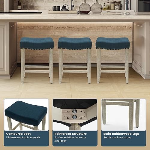 Miniatura 7 de WO Home Furniture - Taburete de bar de altura de mostrador de 24 pulgadas, asiento de silla de montar sin espalda, con patas grises antiguas (azul