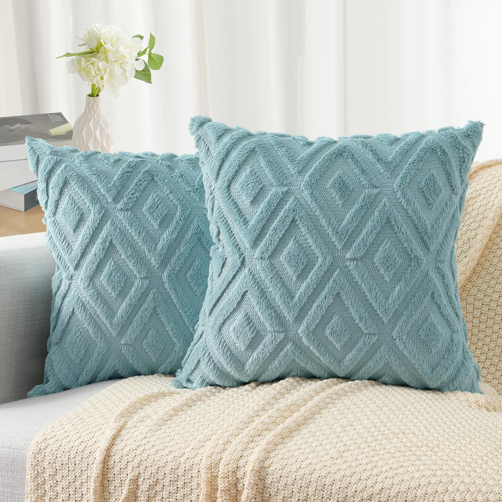 Pallene Summer Light Teal Throw Pillow Covers 18x18 Set of 2, Soft Plush Faux Fur Decorative Couch Pillow Covers for Sofa Bed Living Room Pillow Cases