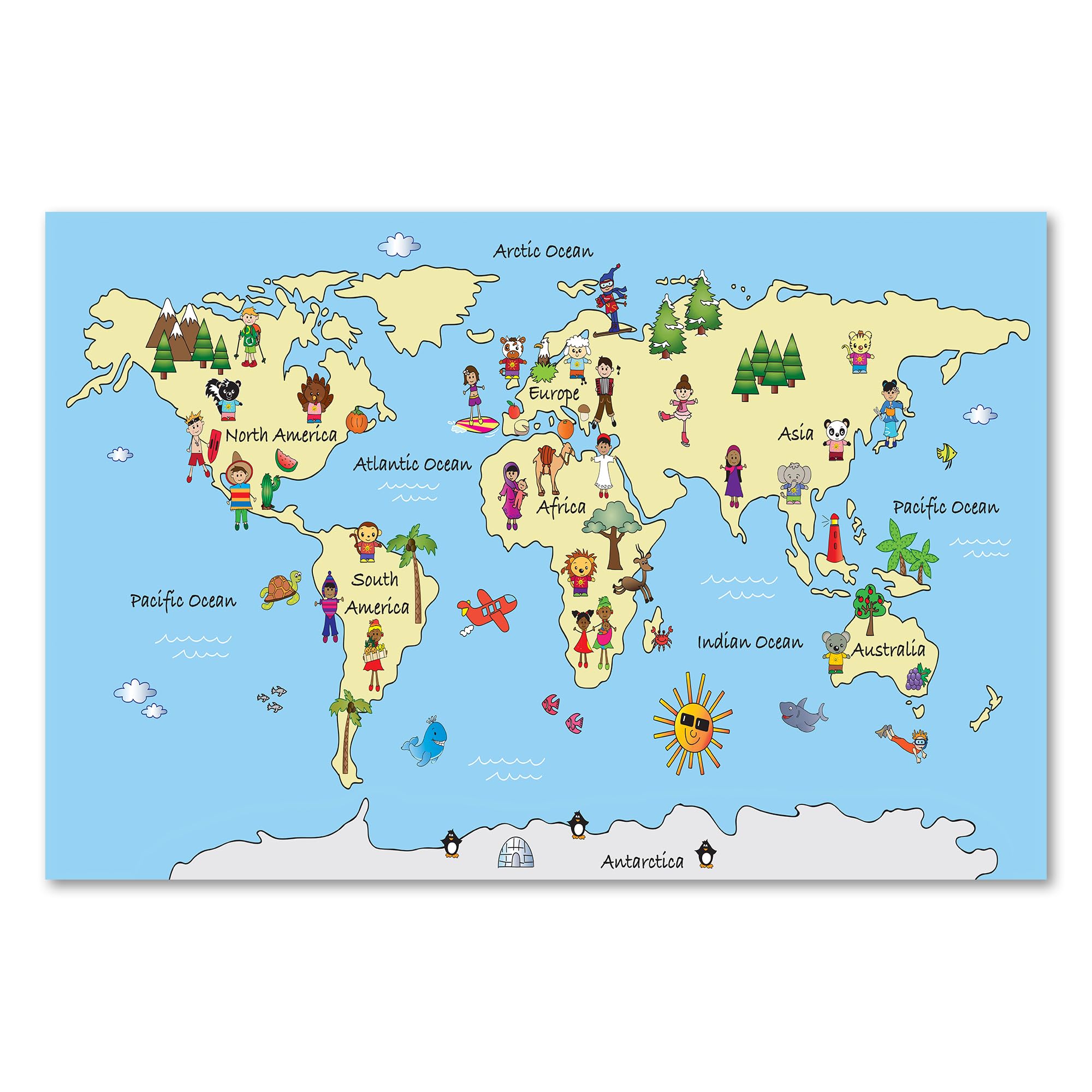Postereck - 2353 - Weltkarte, Kontinente Kinderzimmer Schule Lernen - Kinder Kinderzimmer Kinderbild Wandposter Fotoposter Bilder Wandbild Wandbilder - Leinwand - 100,0 cm x 75,0 cm