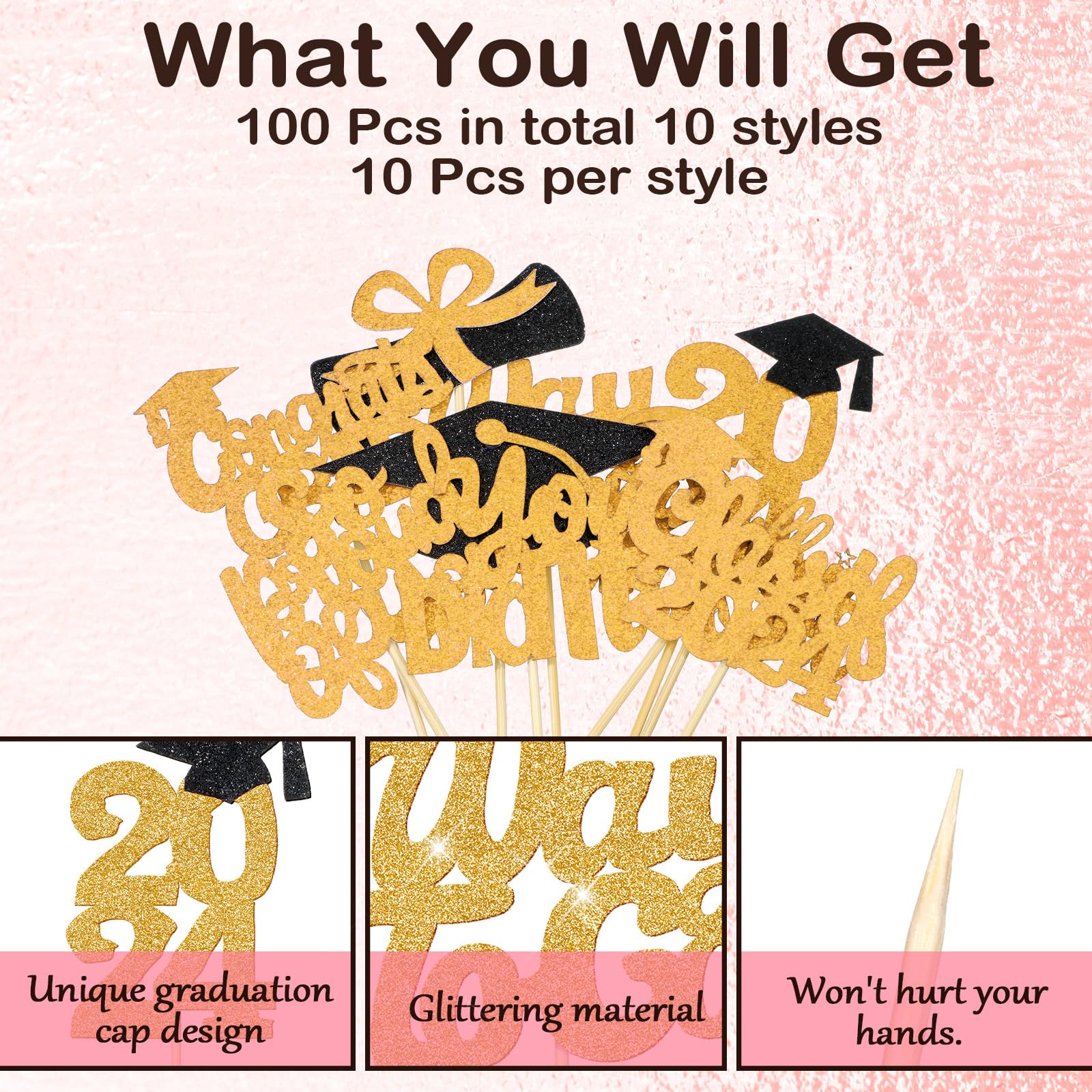 FoldTier 100 Pcs Graduation Cupcake Toppers Congrats Grad Class of 2025 Graduation Cupcake Picks Toppers Diploma Supplies for Party Decorations(Gold)