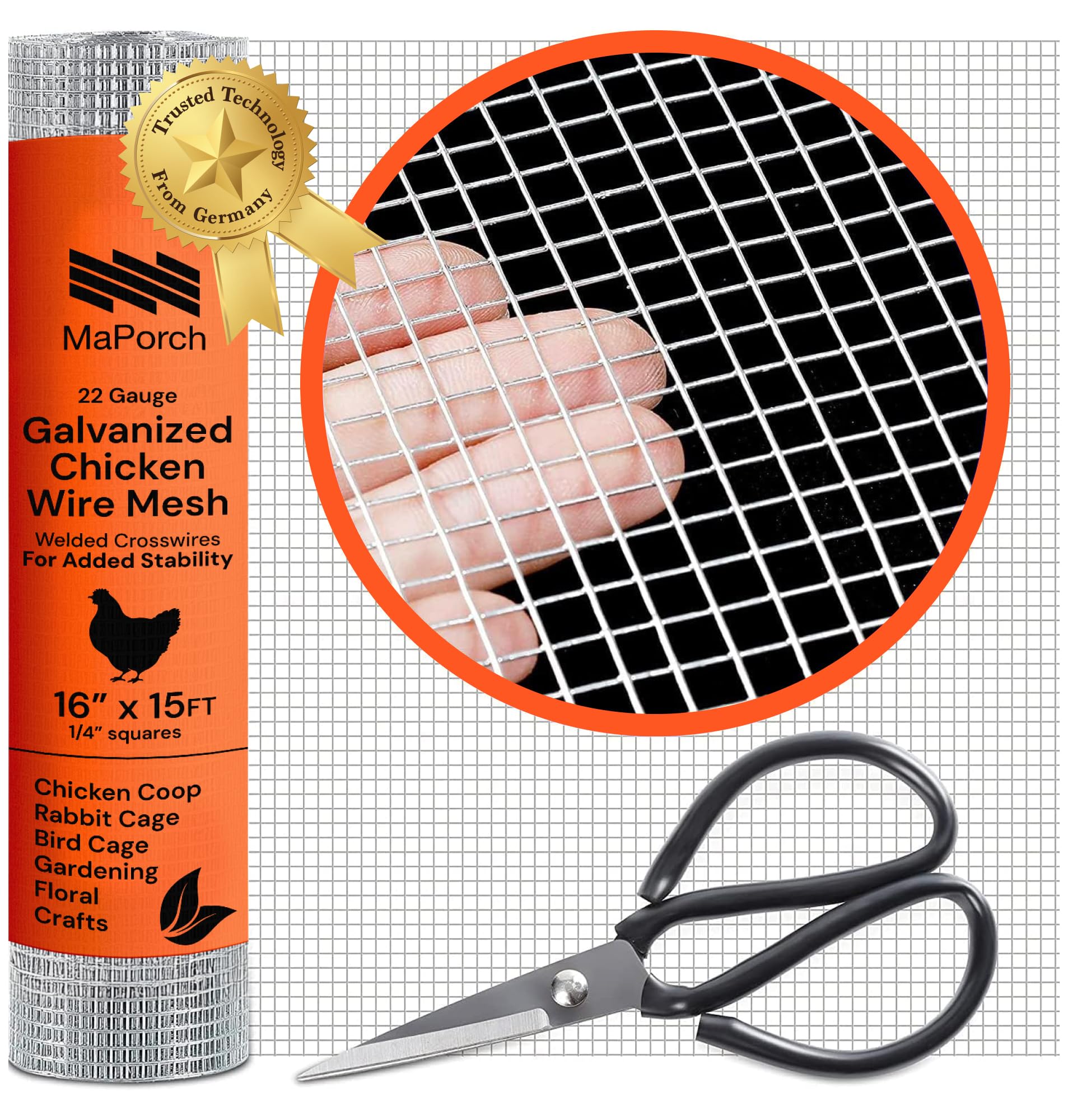 MaPorch Chicken Wire Mesh Hardware Cloth - 16" x 15 ft, 18-Gauge, 1/4-In Hex Galvanized Steel for Chicken Wire Fencing, Poultry Netting & Rabbit Fence - Includes Cutting Scissors