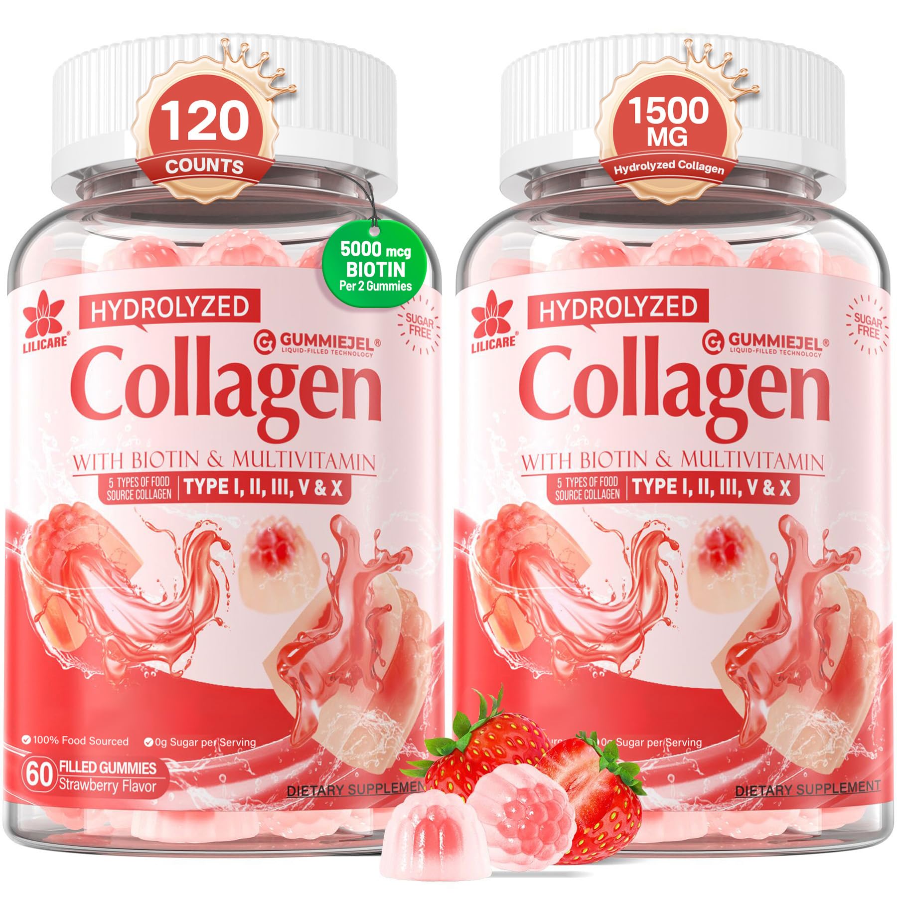 Multi Collagen Gummies 1500mg + 5000mcg Biotin for Skin Hair Nails, 2Pack 60 Count (Pack of 2)